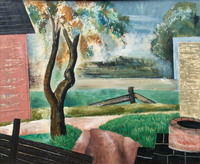 Konrad Cramer Still-Life Painting - "Farm Buildings" Rural Modern WPA American Scene 20th Century Realism 1930