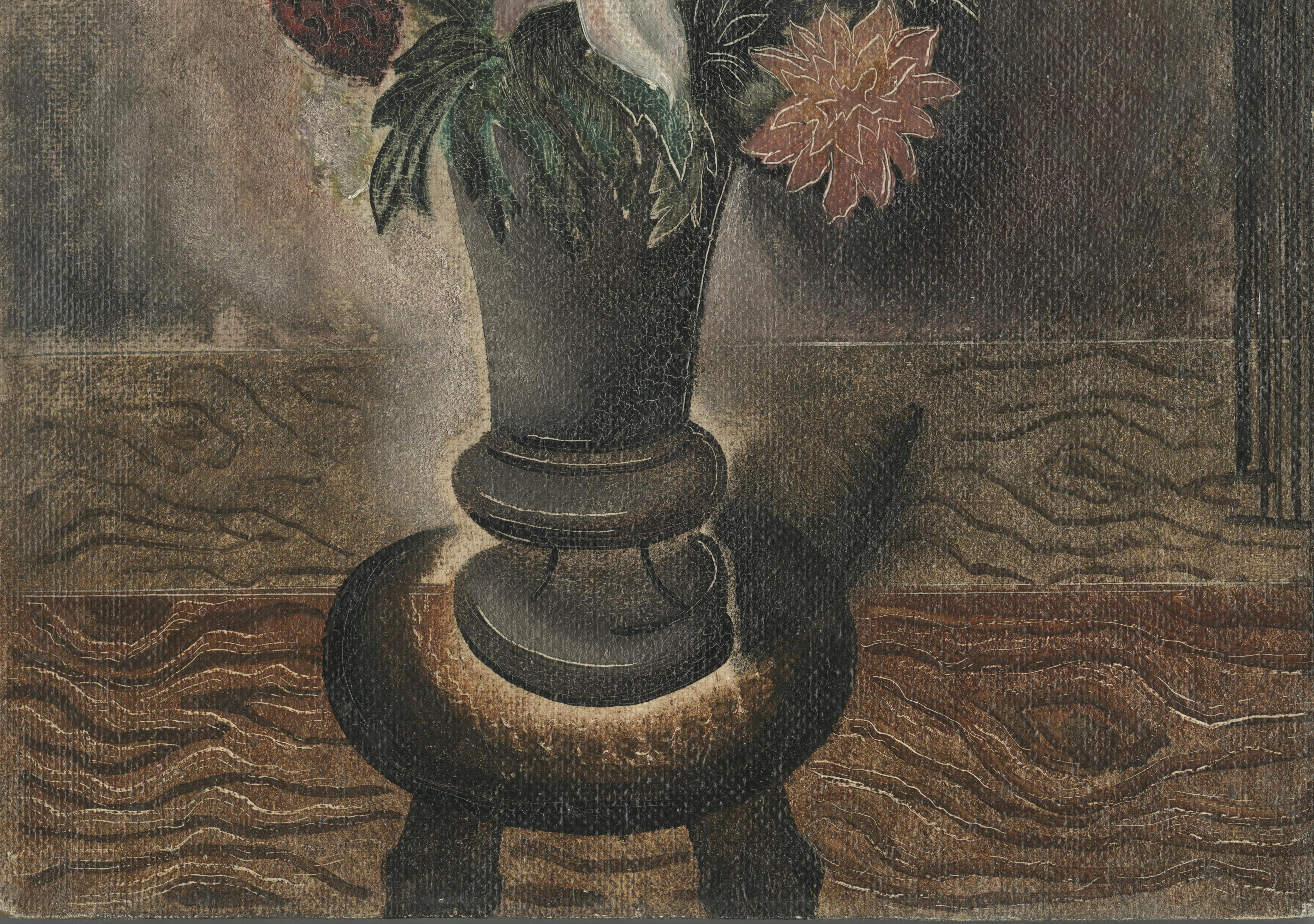 Nature morte avec un vase de fleurs
Huile sur carton avec scraffito incisé, c. 1929-1930
Non signé par l'artiste
Signé et inscrit au verso : 