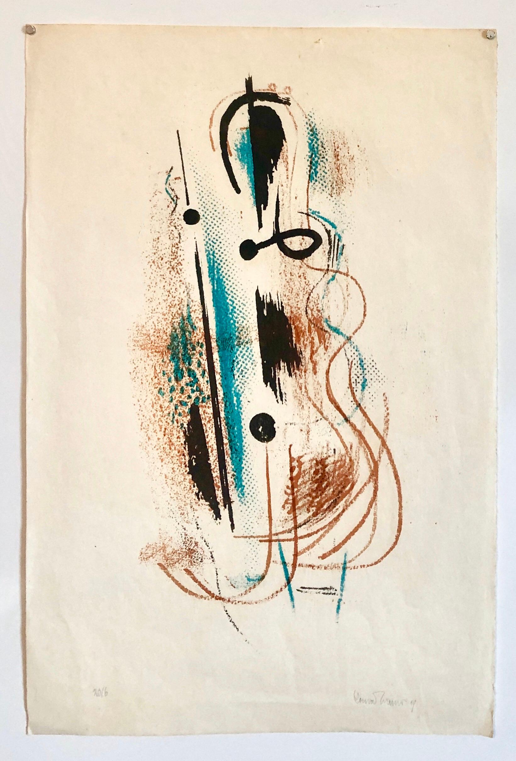 1940's Abstract Composition Jazz  Lithograph Pencil Signed and Dated WPA Artist - White Abstract Print by Konrad Cramer