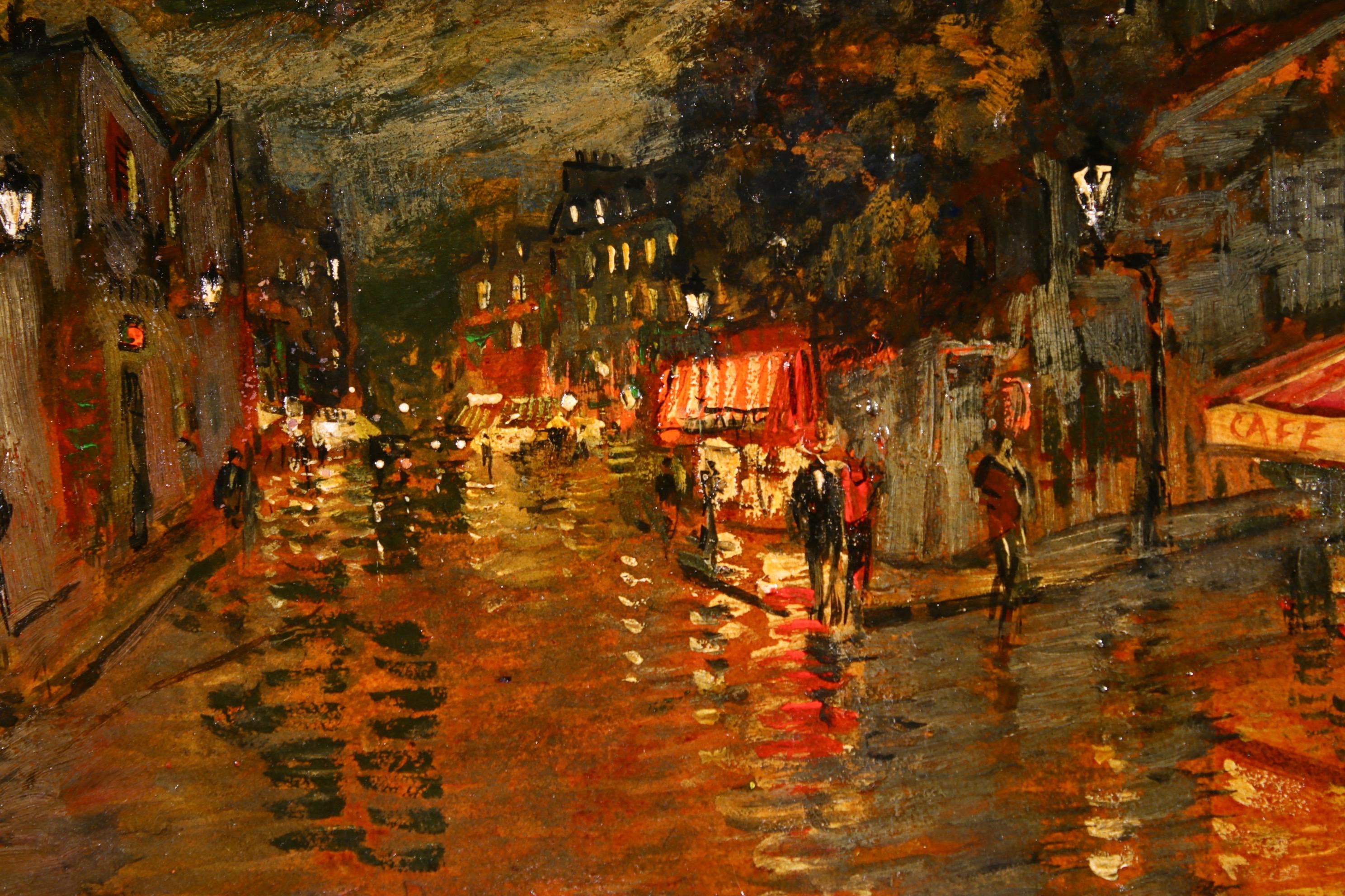 A stunning oil on panel by Russian-born impressionist painter Konstantin Alekseevich Korovin depicting a night view of Paris. Elegant figures are sat outside cafes, the lights illuminating the dark streets. Signed lower left. 

Dimensions:
Framed: