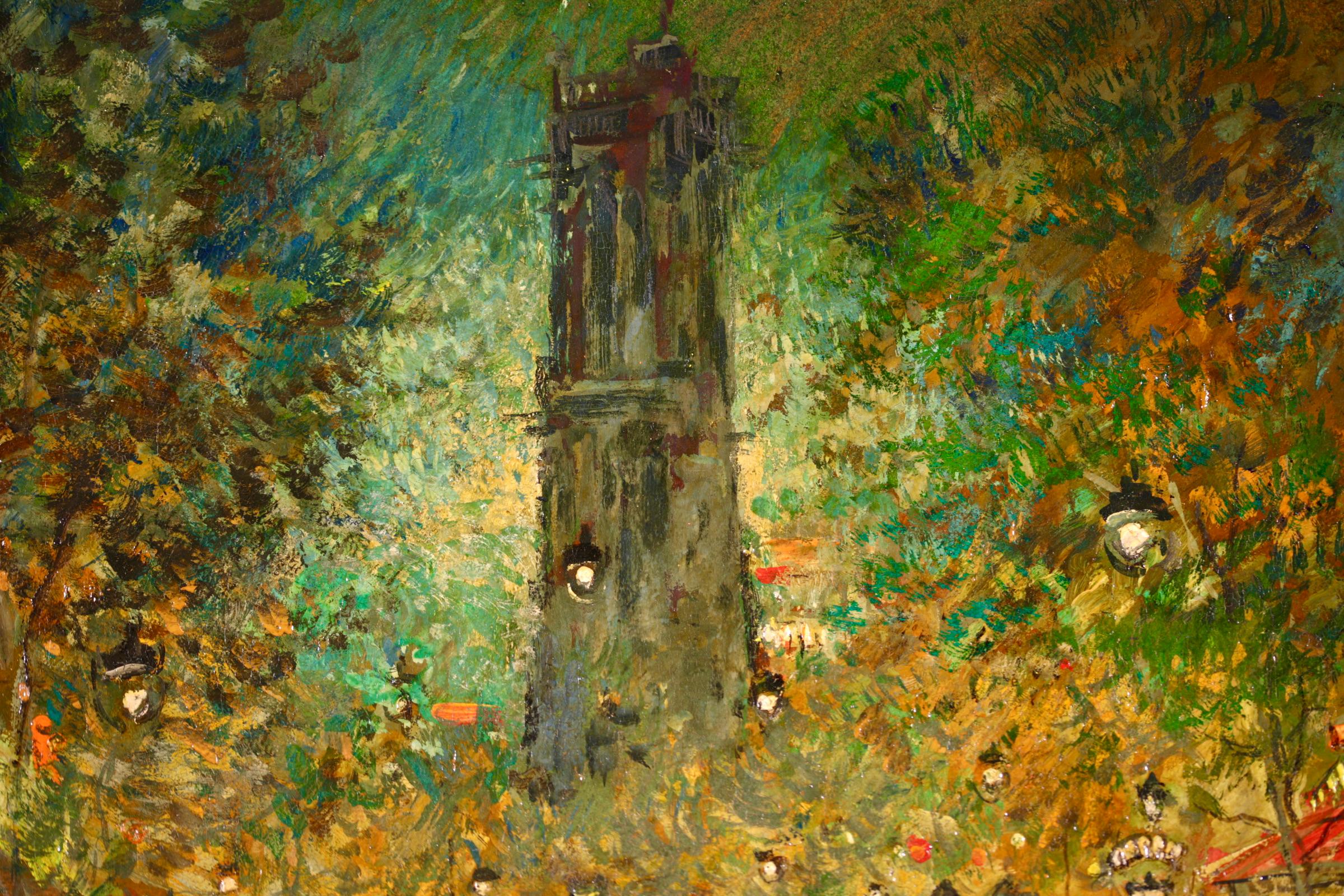 Signed and titled landscape oil on board by Russian-born impressionist painter Konstantin Alekseevich Korovin. The work depicts a nighttime view of the Saint Jacques tower in Paris, France. The street is illuminated by street lights and lights from