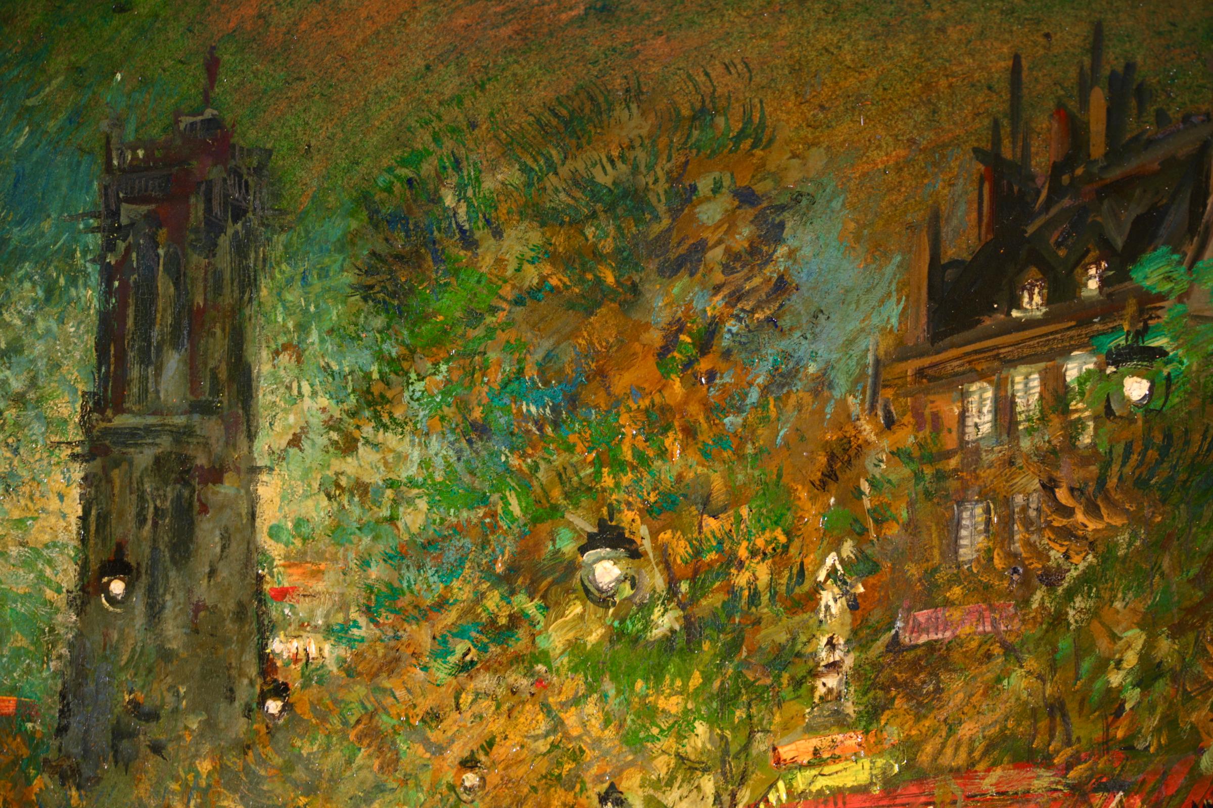 Huile sur panneau signée et titrée par le peintre impressionniste d'origine russe Konstantin Alekseevich Korovin. L'œuvre représente une vue nocturne de la tour Saint-Jacques à Paris, en France. La rue est éclairée par les lampadaires et les