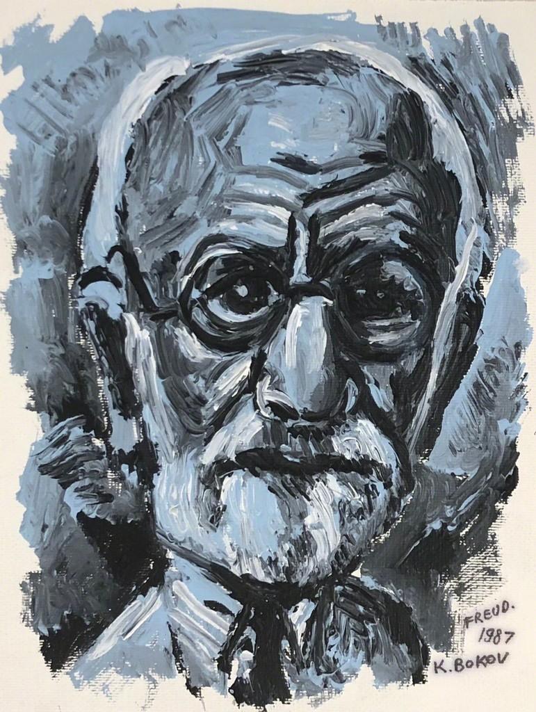 Bokov's original piece, "Freud," is a unique oil painting on canvas. Bokov's work represents outsider art. "Freud" is a gestural portrait of an older man done in black, grey, light blue and white. Bokov piece was taken from a life drawing studio