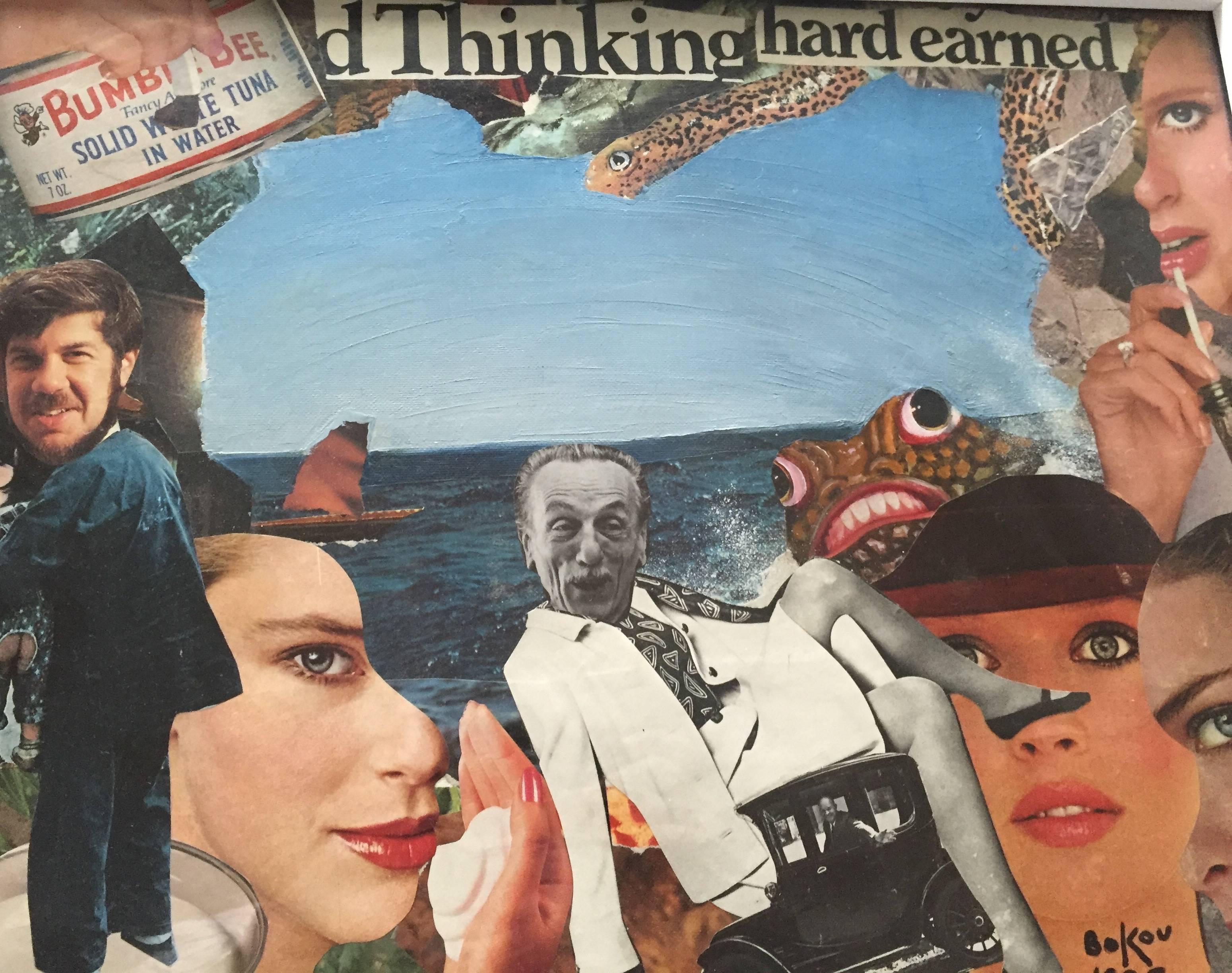 Russische Mixed Media Pop Art Collage Gemälde Bumble Bee, Denken, Hard Earned, Hard Earned (Grau), Figurative Print, von Konstantin Bokov