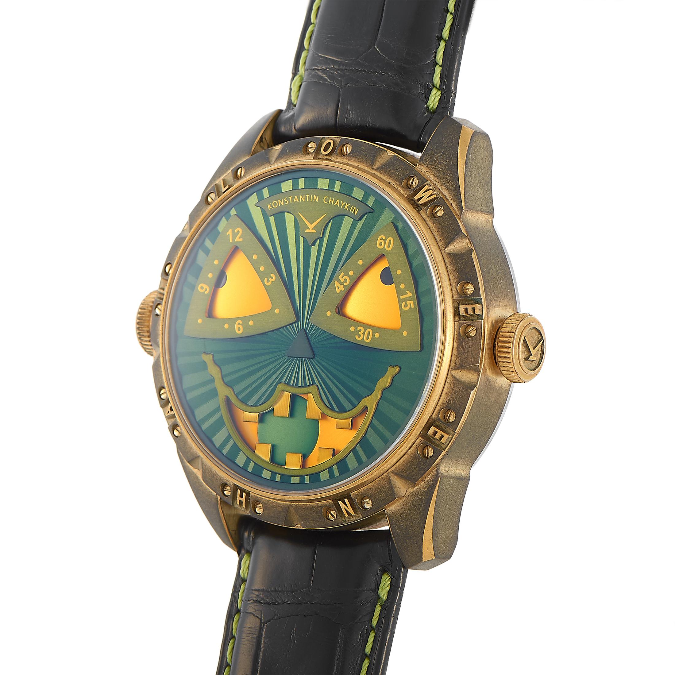 The Konstantin Chaykin Wristmons Green Pumpkin Halloween Watch is limited to 88 pieces and shows an inventive design that will capture your imagination. Although inspired by a Jack-O-Lantern, this timepiece from independent Russian watch maker