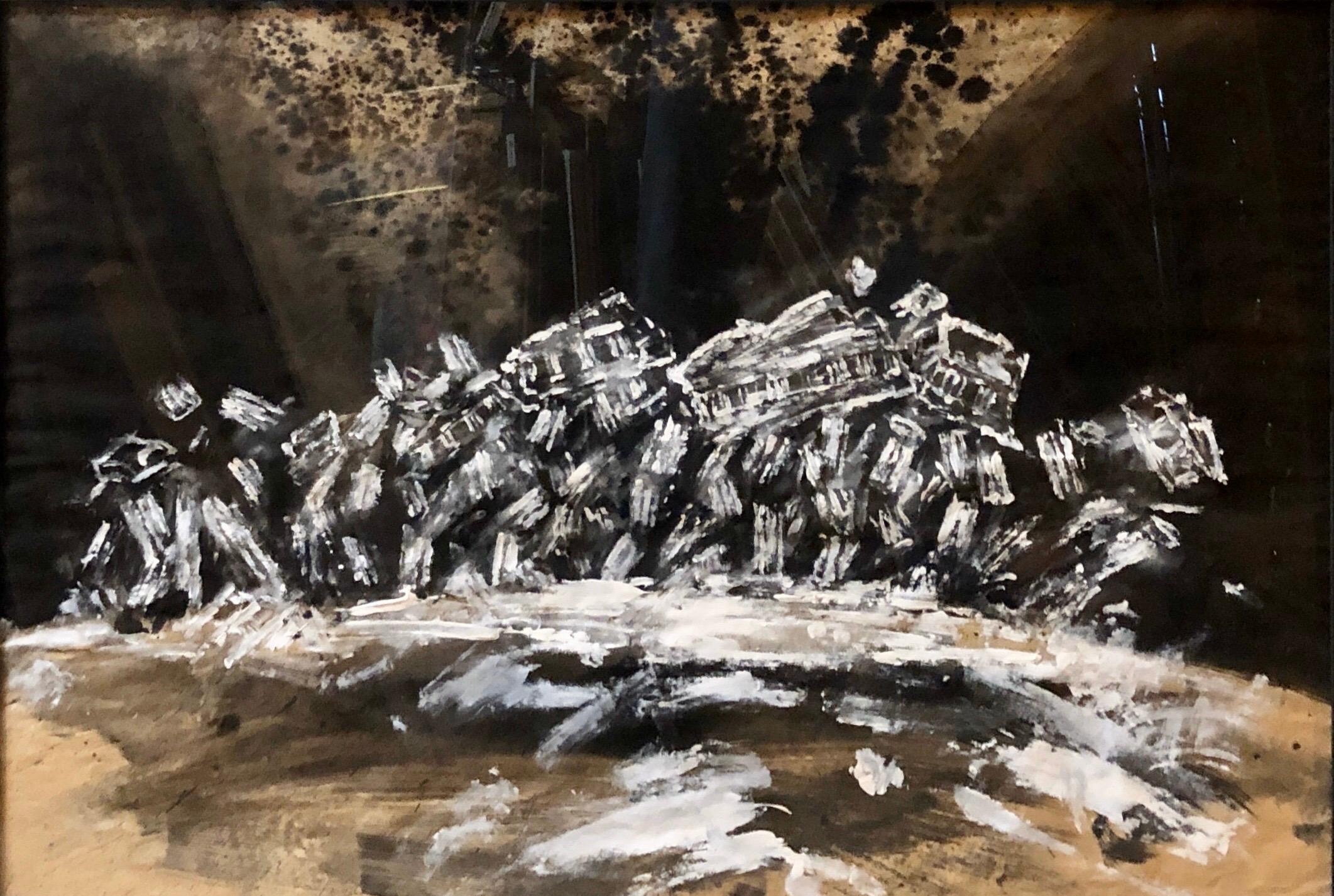 Zeitgenössisches Gouache-Gemälde Erdbeben II, griechische Ruinen, Monumente Griechenlands (Schwarz), Landscape Painting, von Konstantin Kakanias