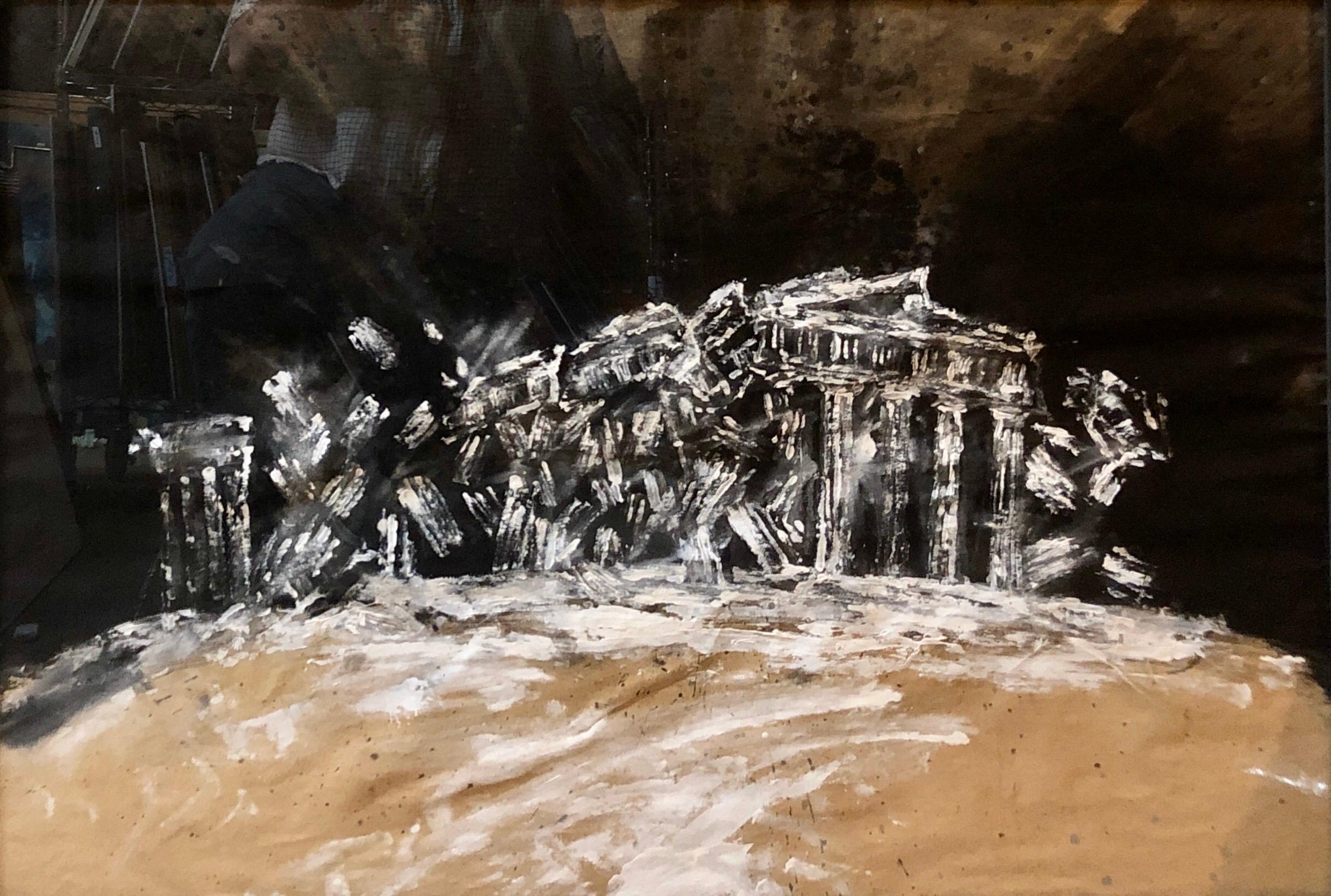 Pintura Gouache Contemporánea Terremoto III, Ruinas Griegas, Monumentos de Grecia - Painting de Konstantin Kakanias