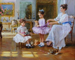 A Lady and two Young Girls playing with Kittens