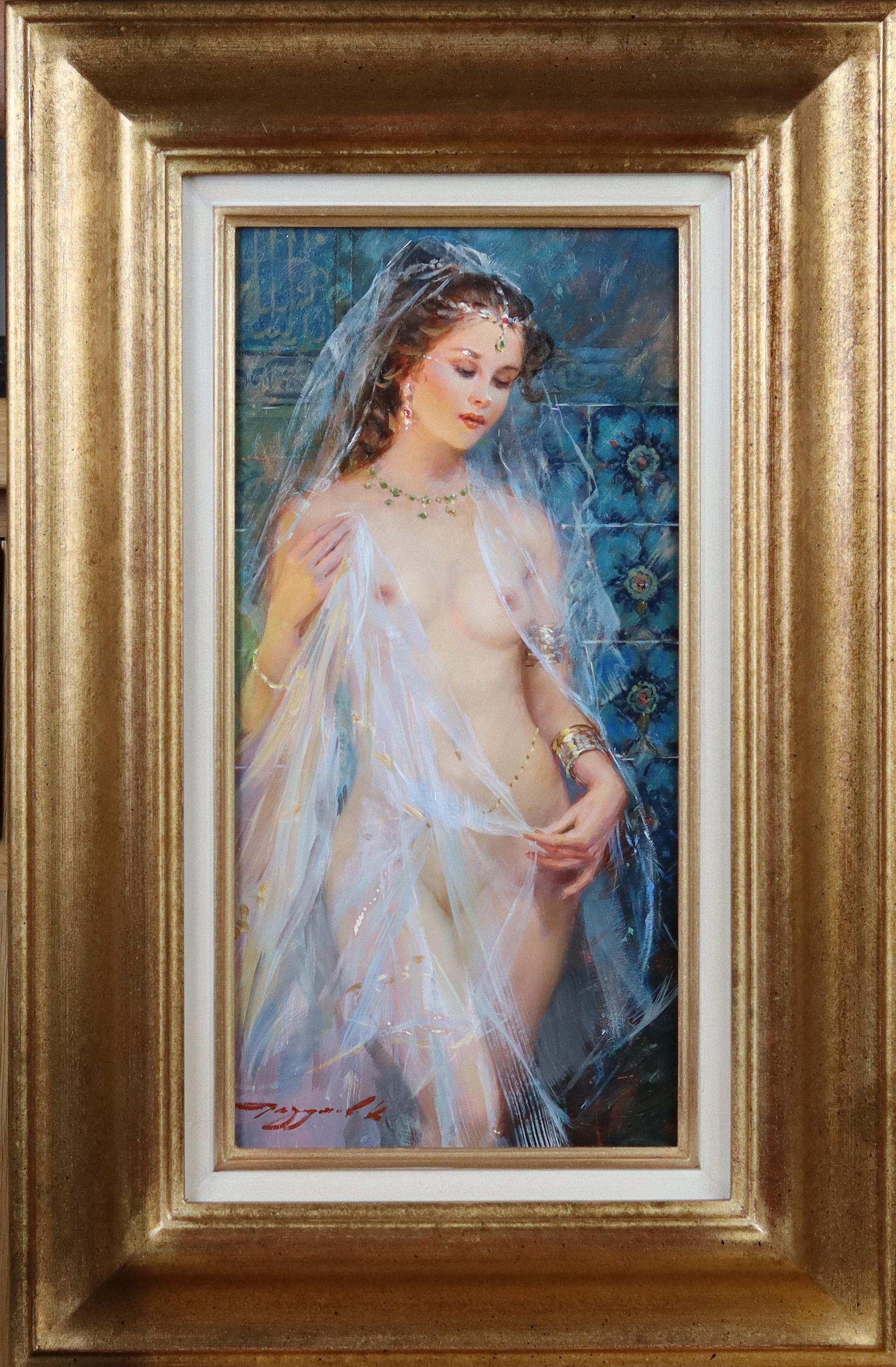 Una giovane donna semi-nuda e pensierosa che indossa un velo bianco - Painting di Konstantin Razumov 