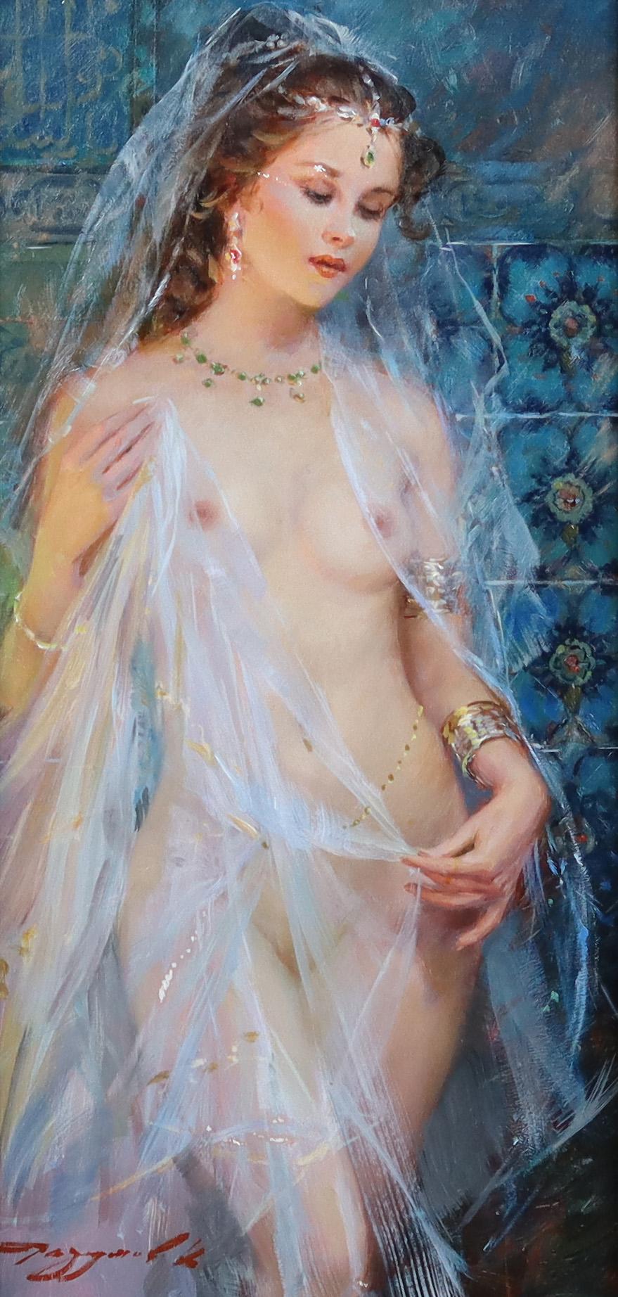 Una giovane donna semi-nuda e pensierosa che indossa un velo bianco - Painting Impressionismo di Konstantin Razumov 