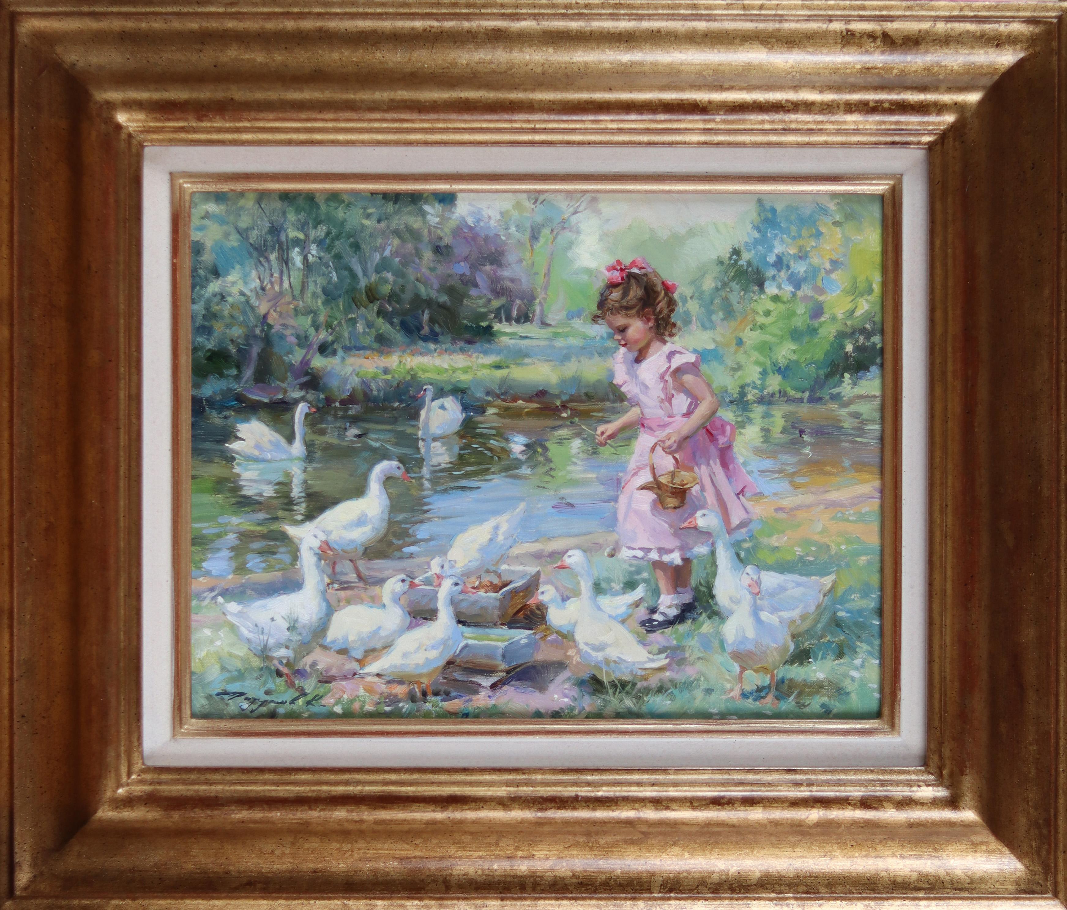 Una joven con gansos en la orilla de un río - Painting de Konstantin Razumov 