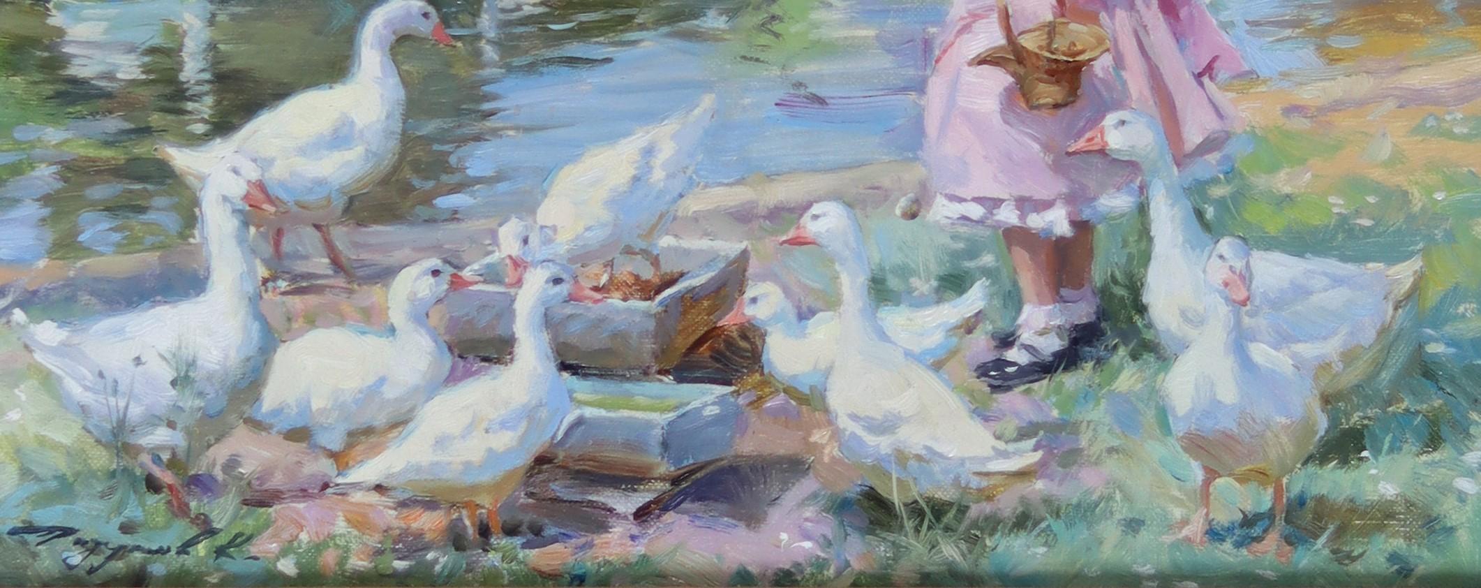 Una joven con gansos en la orilla de un río - Painting Impresionista de Konstantin Razumov 