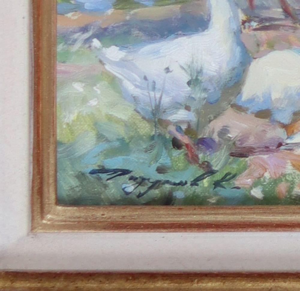 Konstantin Razumov 
(Nacida en 1974) Rusa

Una joven con gansos en la orilla de un río                                                                                           

Óleo sobre lienzo: 11 x 14 pulgadas. Marco: 18 x 22 pulgadas.