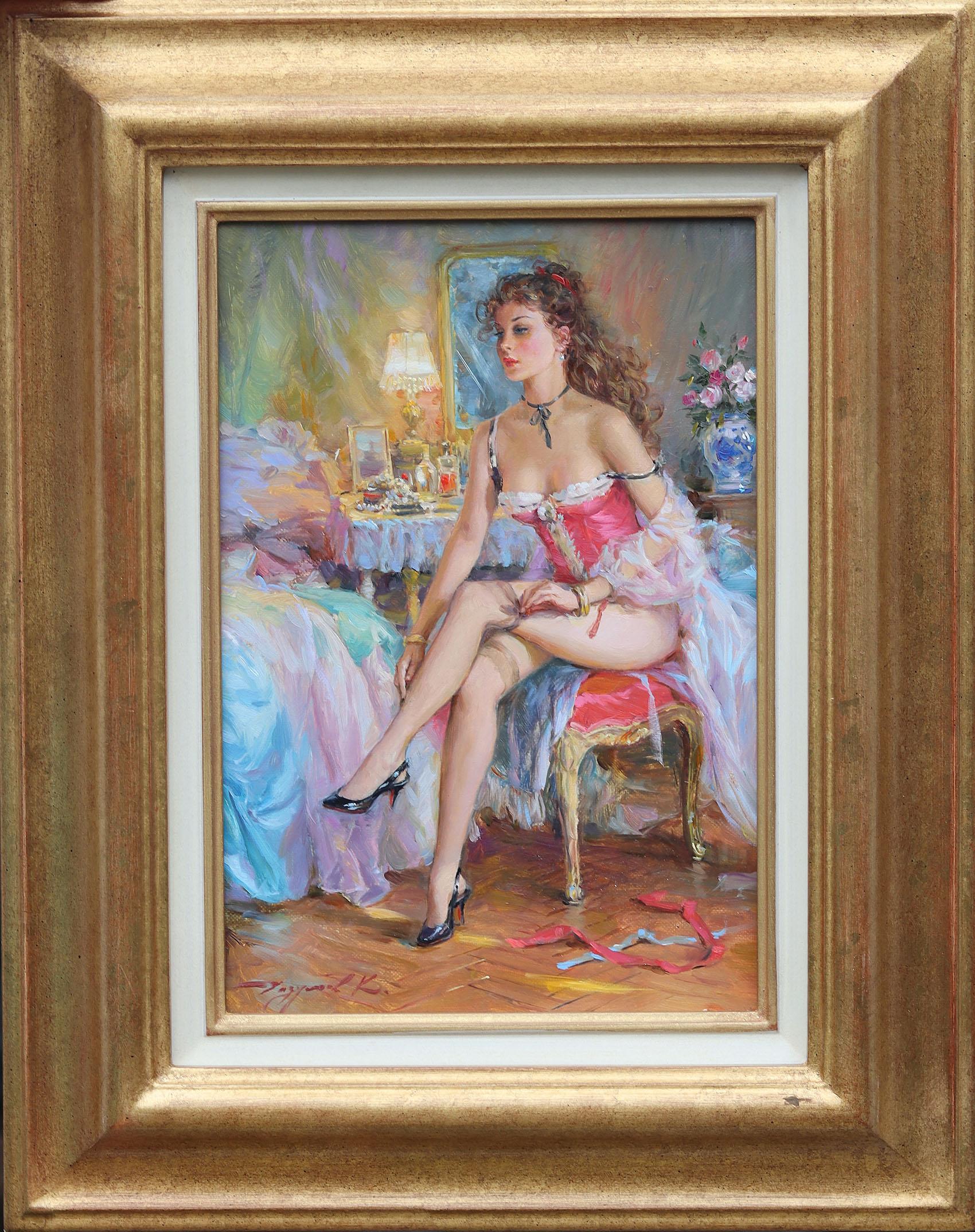 Elegant Lady dressing in her boudoir, wearing lingerie and black shoes - Painting by Konstantin Razumov 