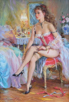 Robe élégante dans son boudoir, avec lingerie et chaussures noires