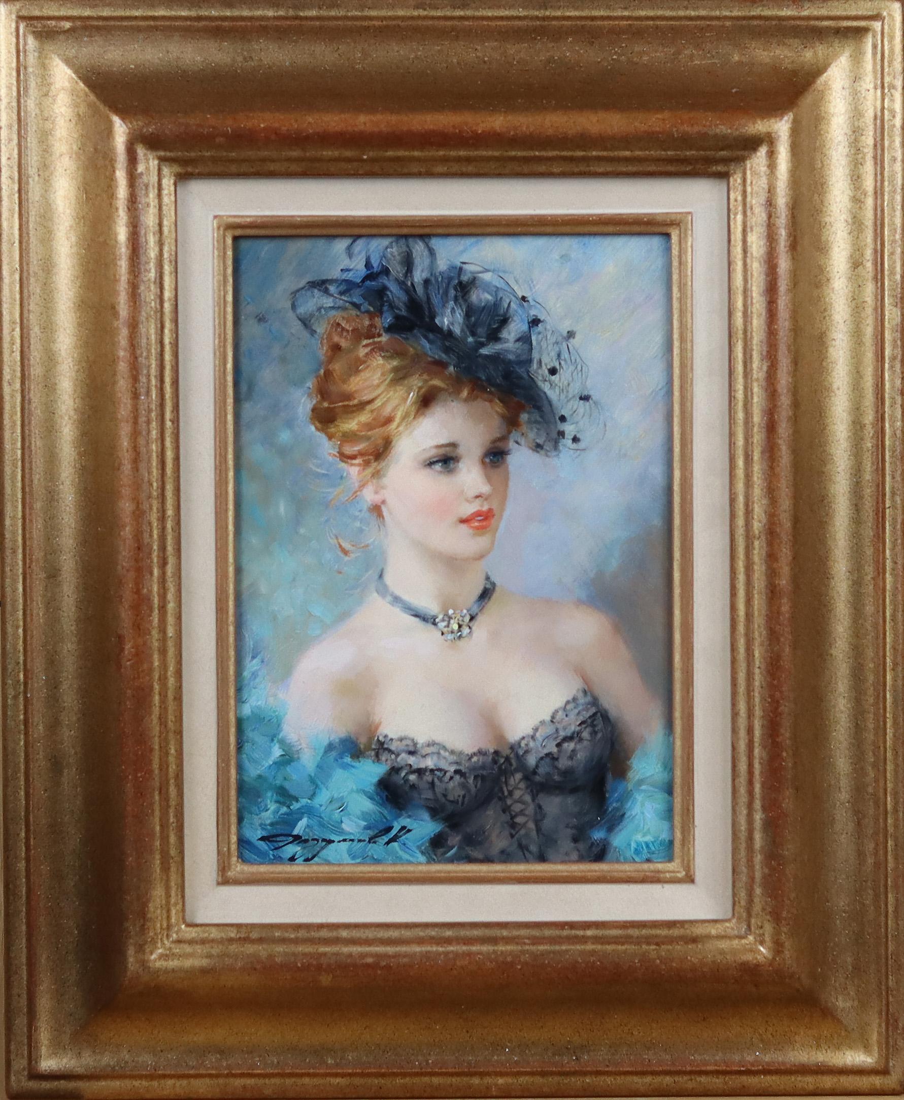Elegante Dame in einem schwarzen Korsett und dunkelblauem Hut – Painting von Konstantin Razumov 