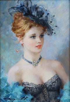 Elegant Lady in a Black Corset and Dark Blue Hat