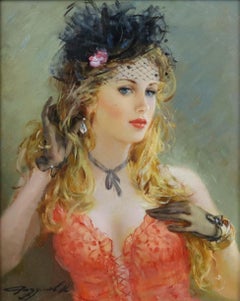 Elegant Lady in a Red Dress and Black Hat