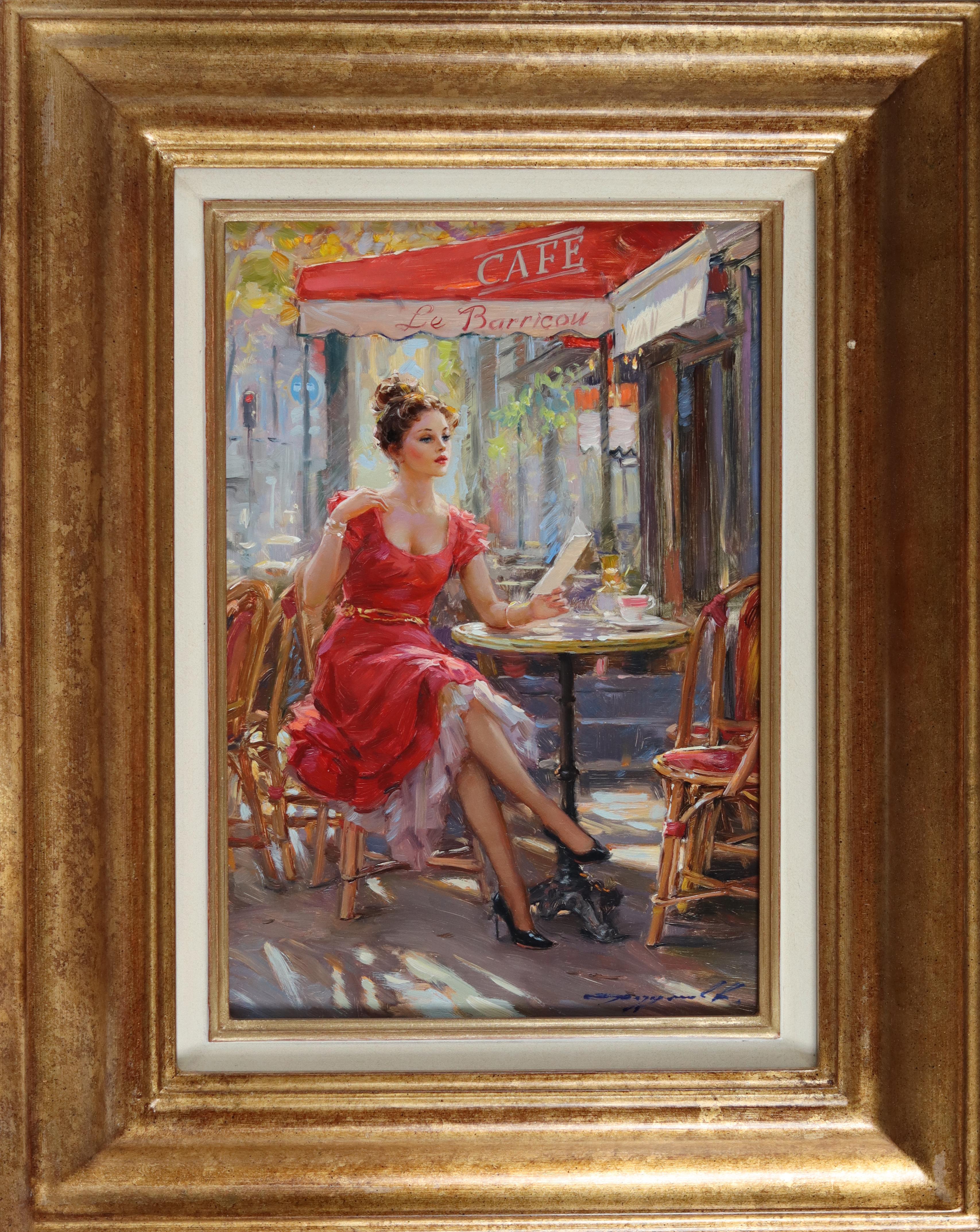 Elegant Lady in a Red Dress, Seated at a Parisian Café - Painting by Konstantin Razumov 
