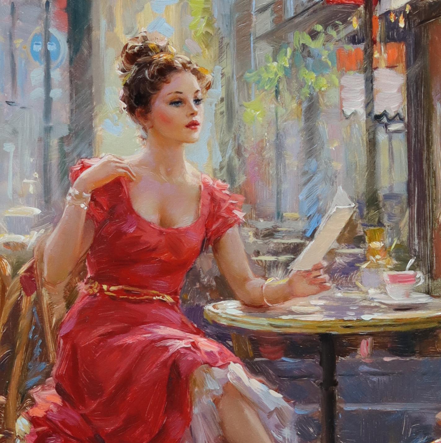 Elegante elegante Dame in rotem Kleid, sitzend auf einem Pariser Blatt (Impressionismus), Painting, von Konstantin Razumov 