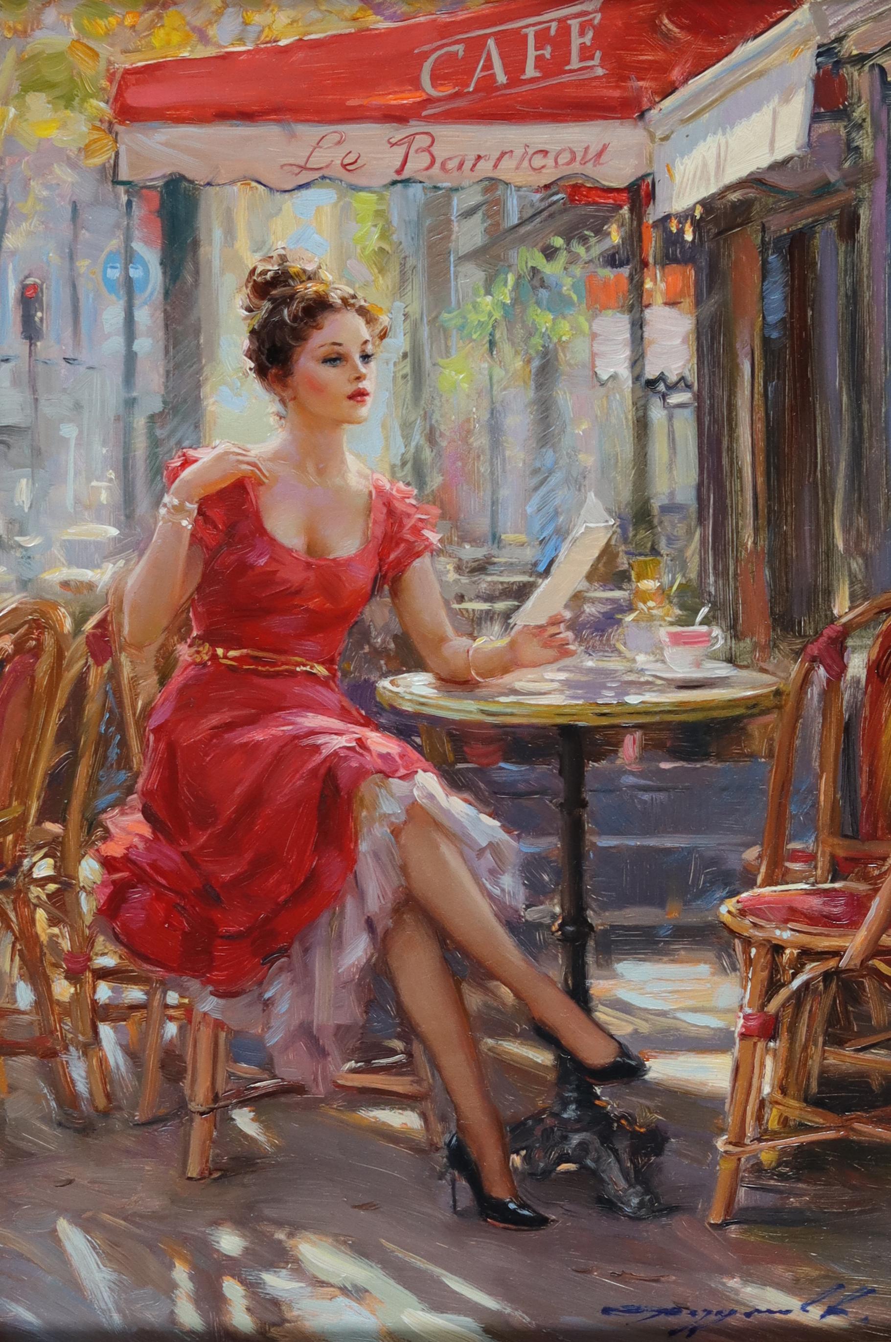 Konstantin Razumov  Landscape Painting – Elegante elegante Dame in rotem Kleid, sitzend auf einem Pariser Blatt