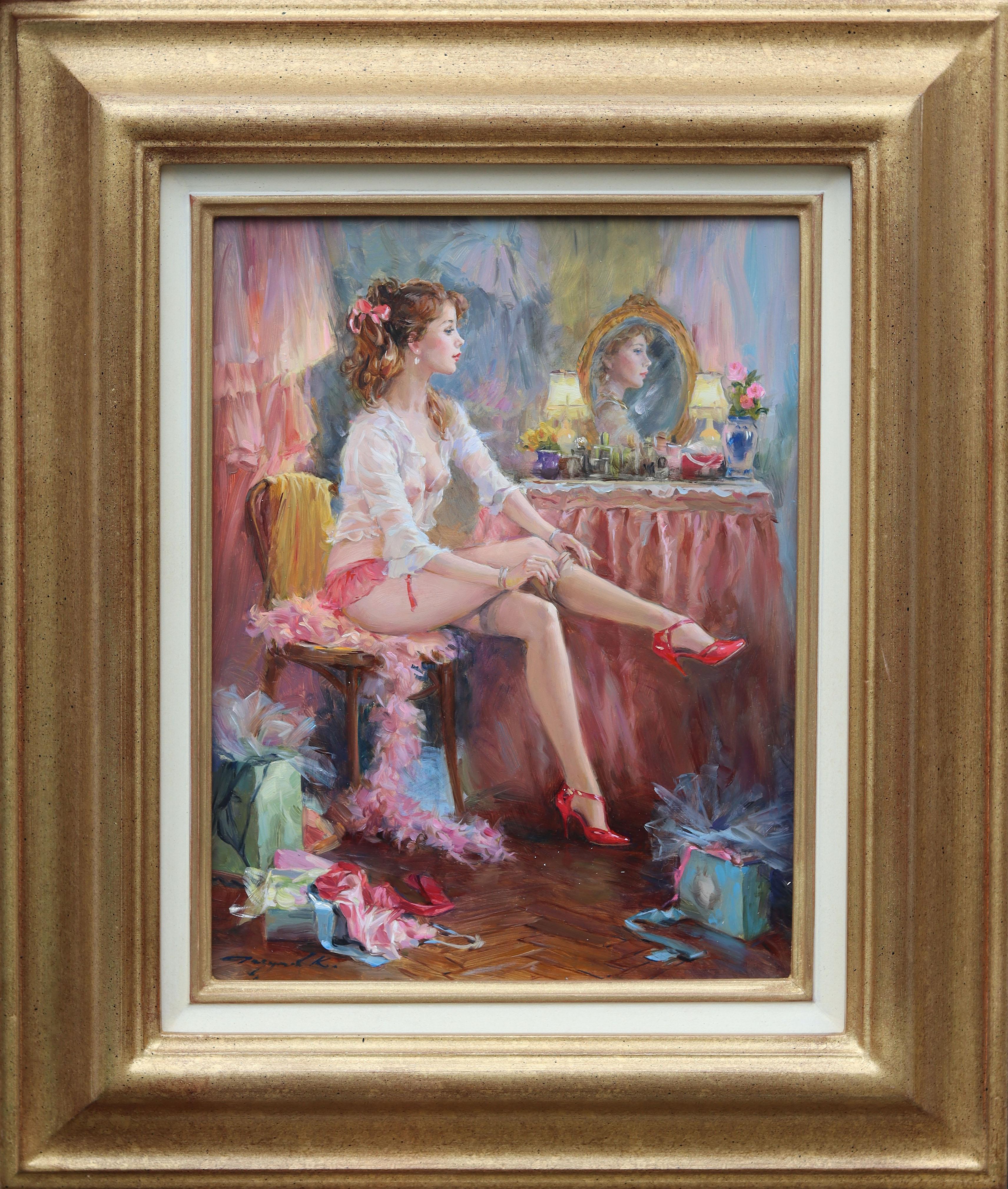 Elegante Dame in ihrem Ankleidezimmer, in Dessous und roten Schuhen – Painting von Konstantin Razumov 
