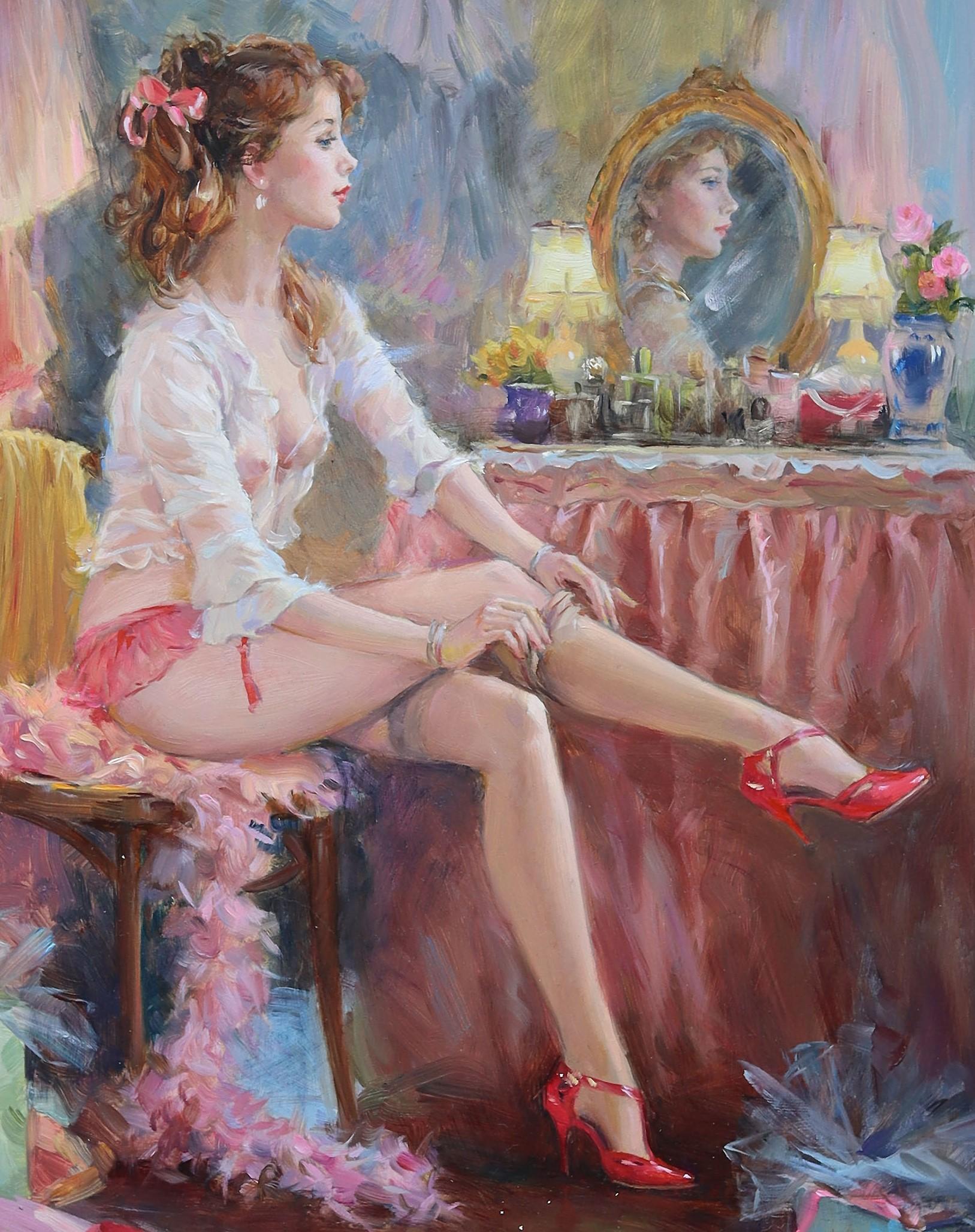 Elegante Dame in ihrem Ankleidezimmer, in Dessous und roten Schuhen (Impressionismus), Painting, von Konstantin Razumov 
