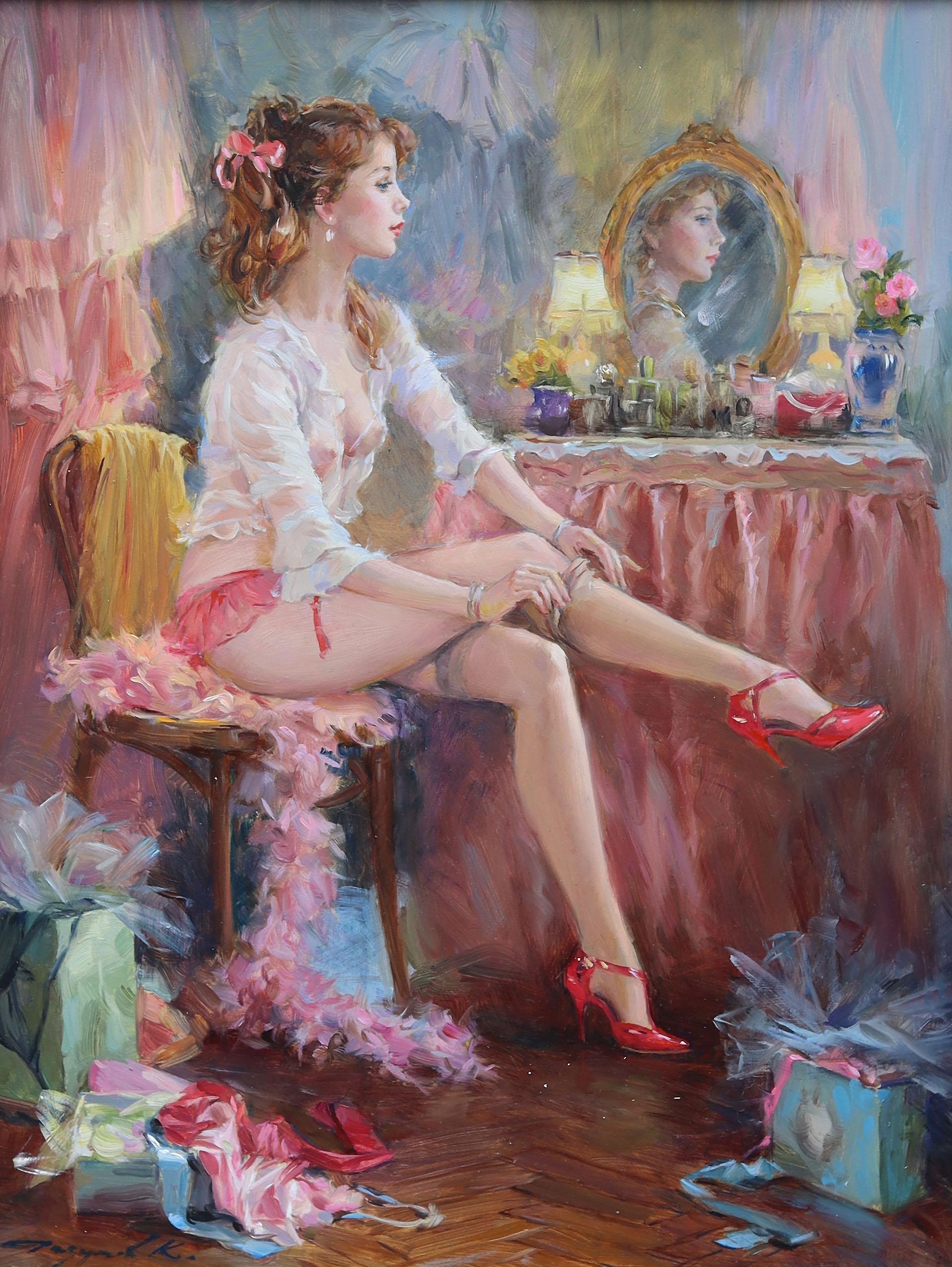 Una donna elegante nel suo camerino, con lingerie e scarpe rosse