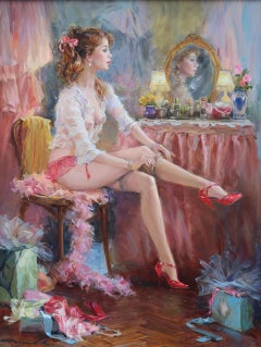 Una donna elegante nel suo camerino, con lingerie e scarpe rosse