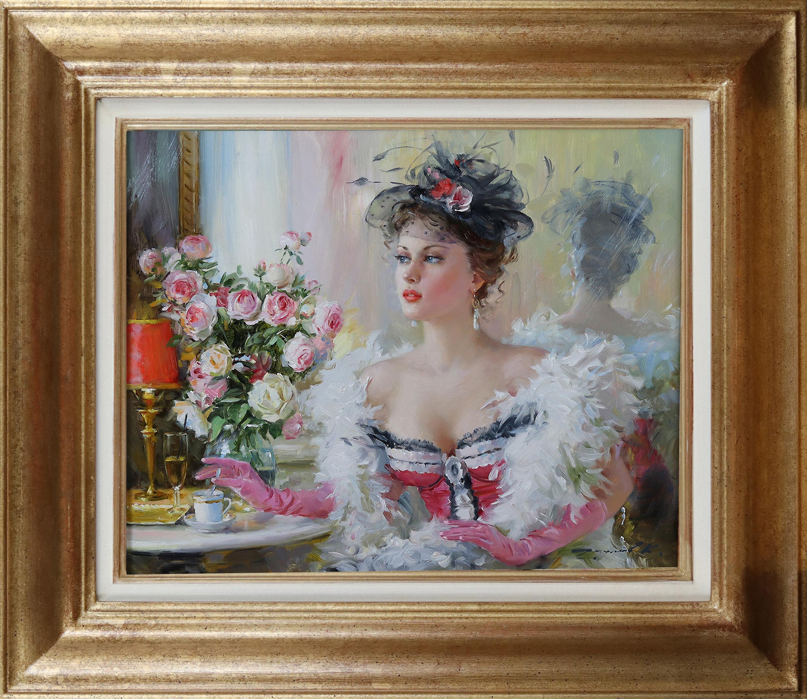Elegante Dame mit einer Federboa, sitzend in einem Pariser Café – Painting von Konstantin Razumov 