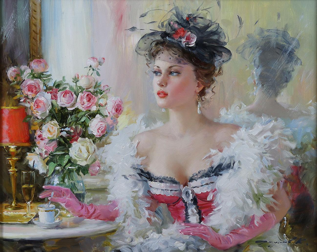 Konstantin Razumov  Figurative Painting – Elegante Dame mit einer Federboa, sitzend in einem Pariser Café