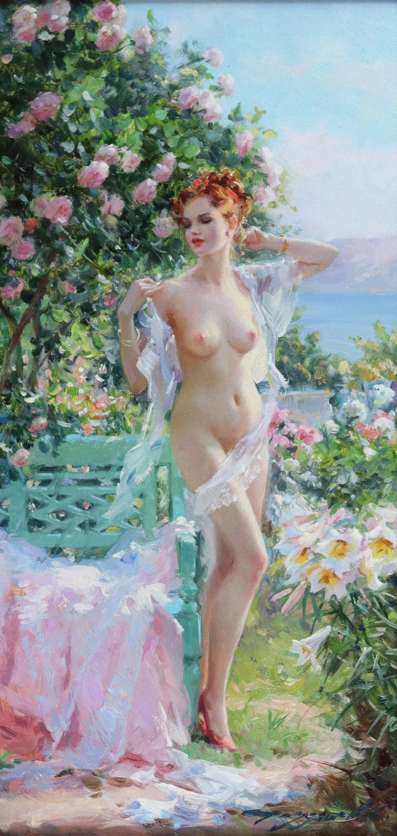 Eleganter Akt in einem Rosengarten 1 (Impressionismus), Painting, von Konstantin Razumov 