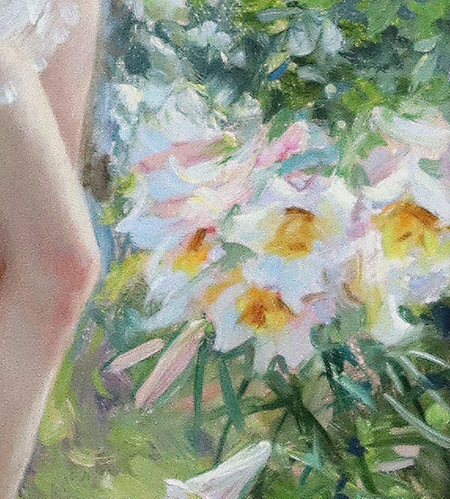 Konstantin Rasumow 
(Geboren 1974) Russisch

Eleganter Akt in einem Rosengarten

Öl auf Leinwand. 15 3/4 x 8 in. (Rahmen. 23 x 15 in.) Signiert und auf der Rückseite in Kyrillisch bezeichnet.

Konstantín Rázumov (Константин Разумов) ist ein
