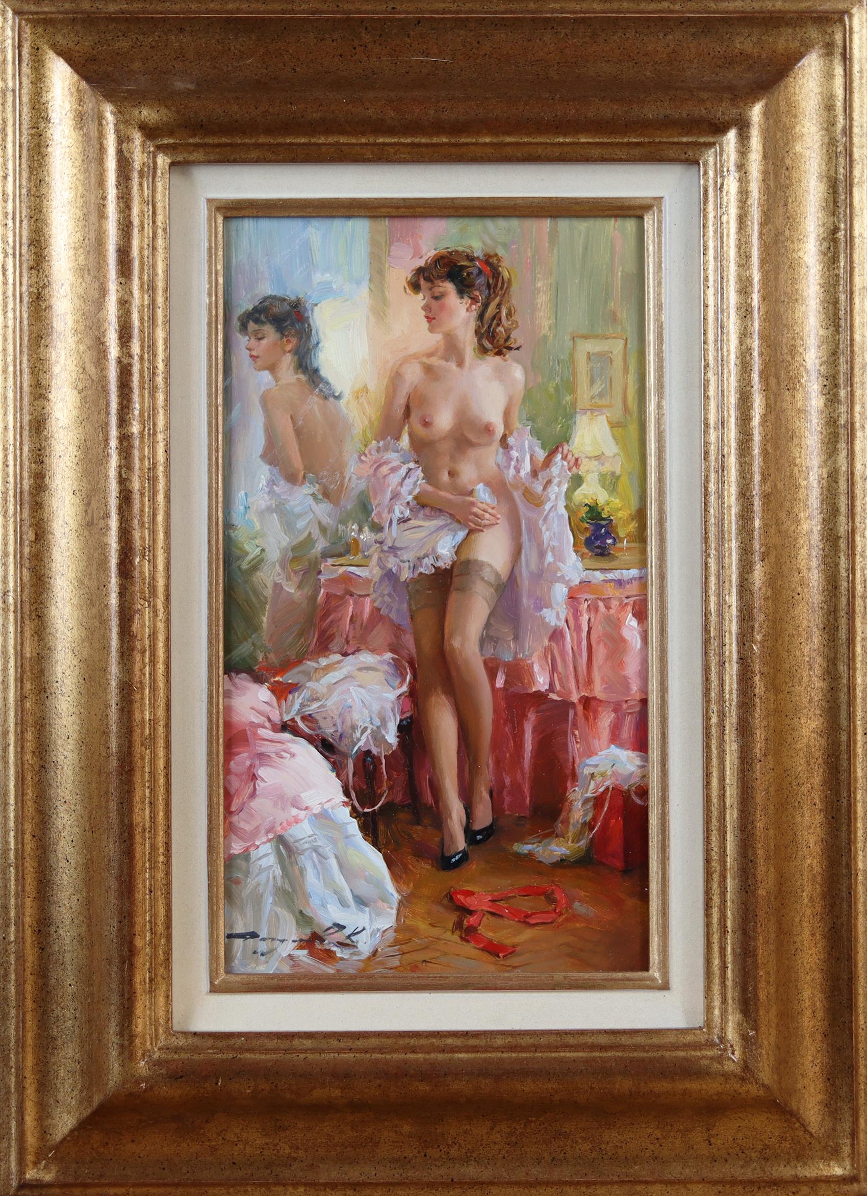 Elegant Nude in Her Boudoir, wearing Stockings and a Lace Negligee - Painting by Konstantin Razumov 