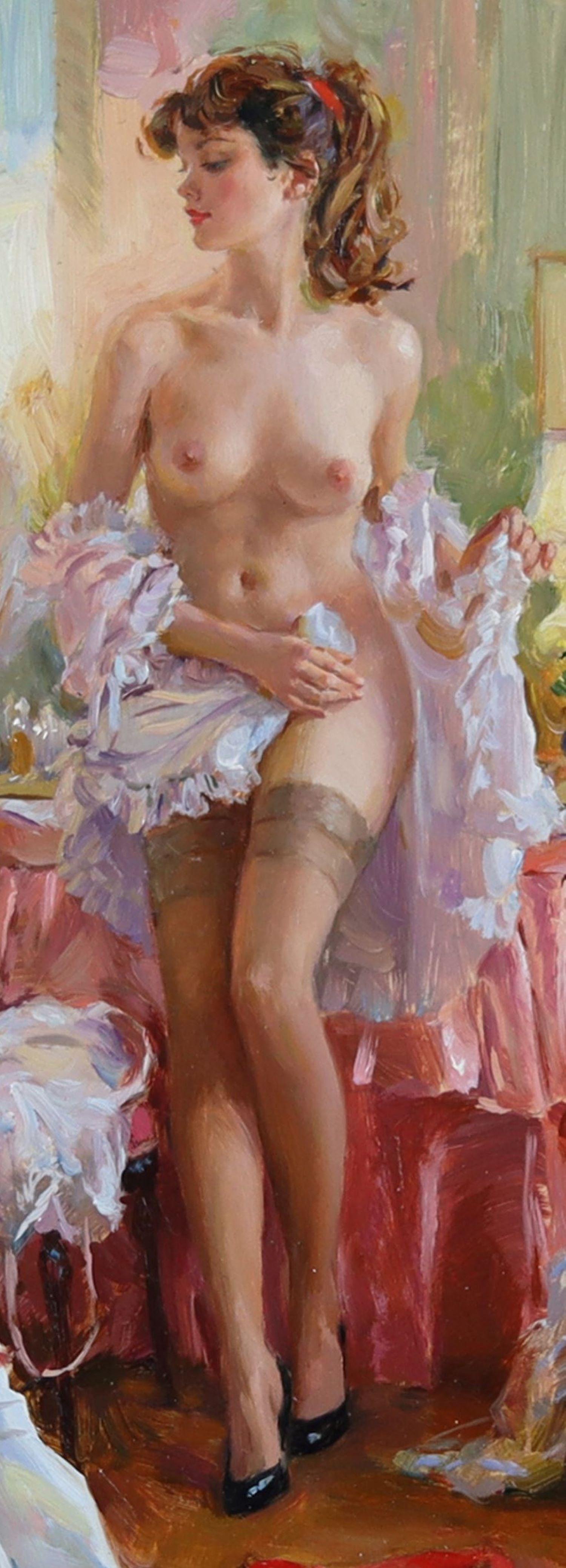 Elegant Nude in Her Boudoir, wearing Stockings and a Lace Negligee - Impressionist Painting by Konstantin Razumov 
