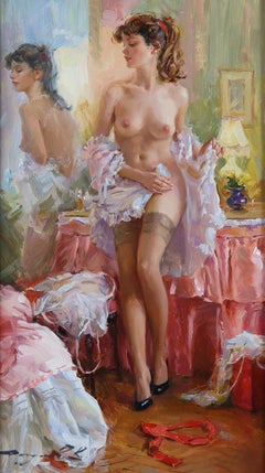 Elegant Nude in Her Boudoir, wearing Stockings and a Lace Negligee