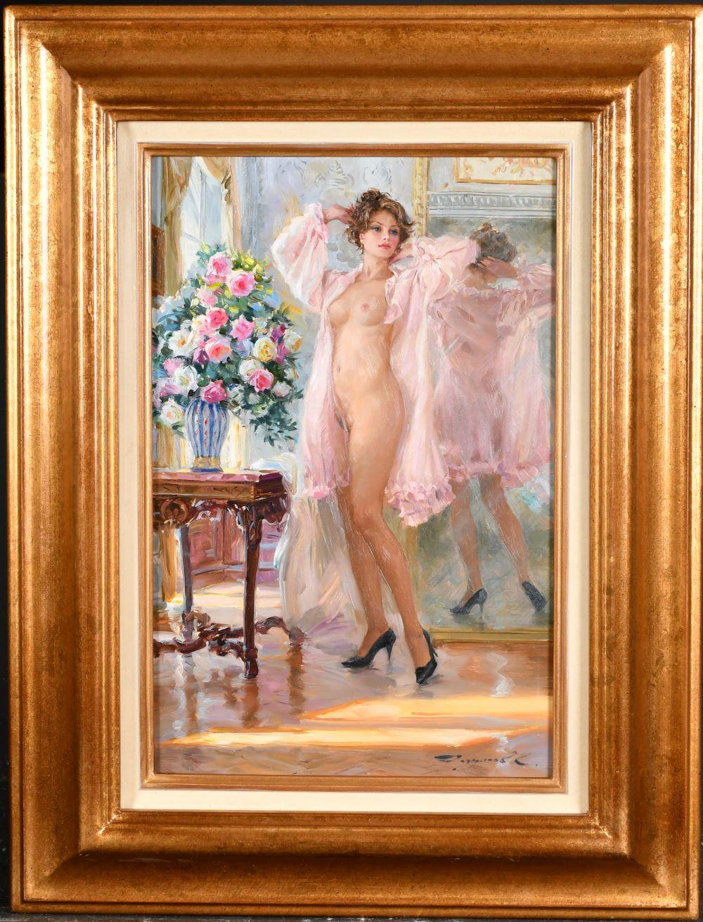 Elegant Nude in Pink Peignoir, standing before a Mirror - Painting by Konstantin Razumov 