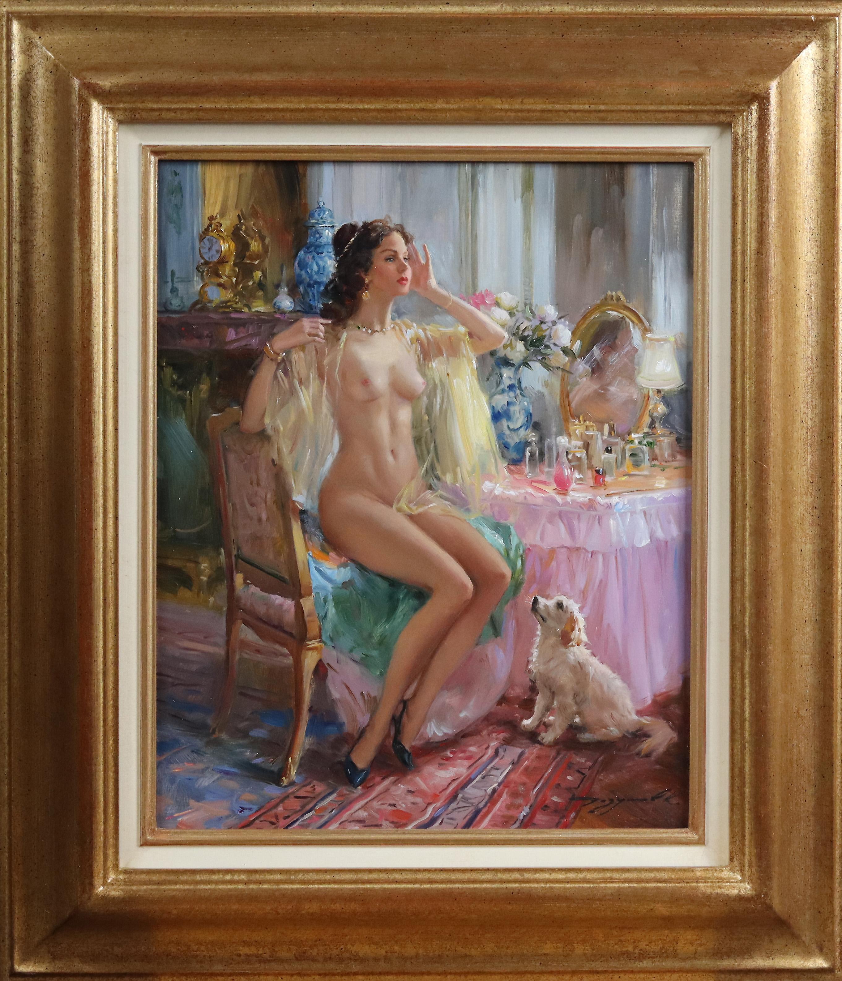 Elegant Nude Lady a Dressing Room with Her Dog - Painting by Konstantin Razumov 