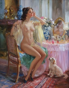 Elegante nackte Dame ein Ankleidezimmer mit ihrem Hund