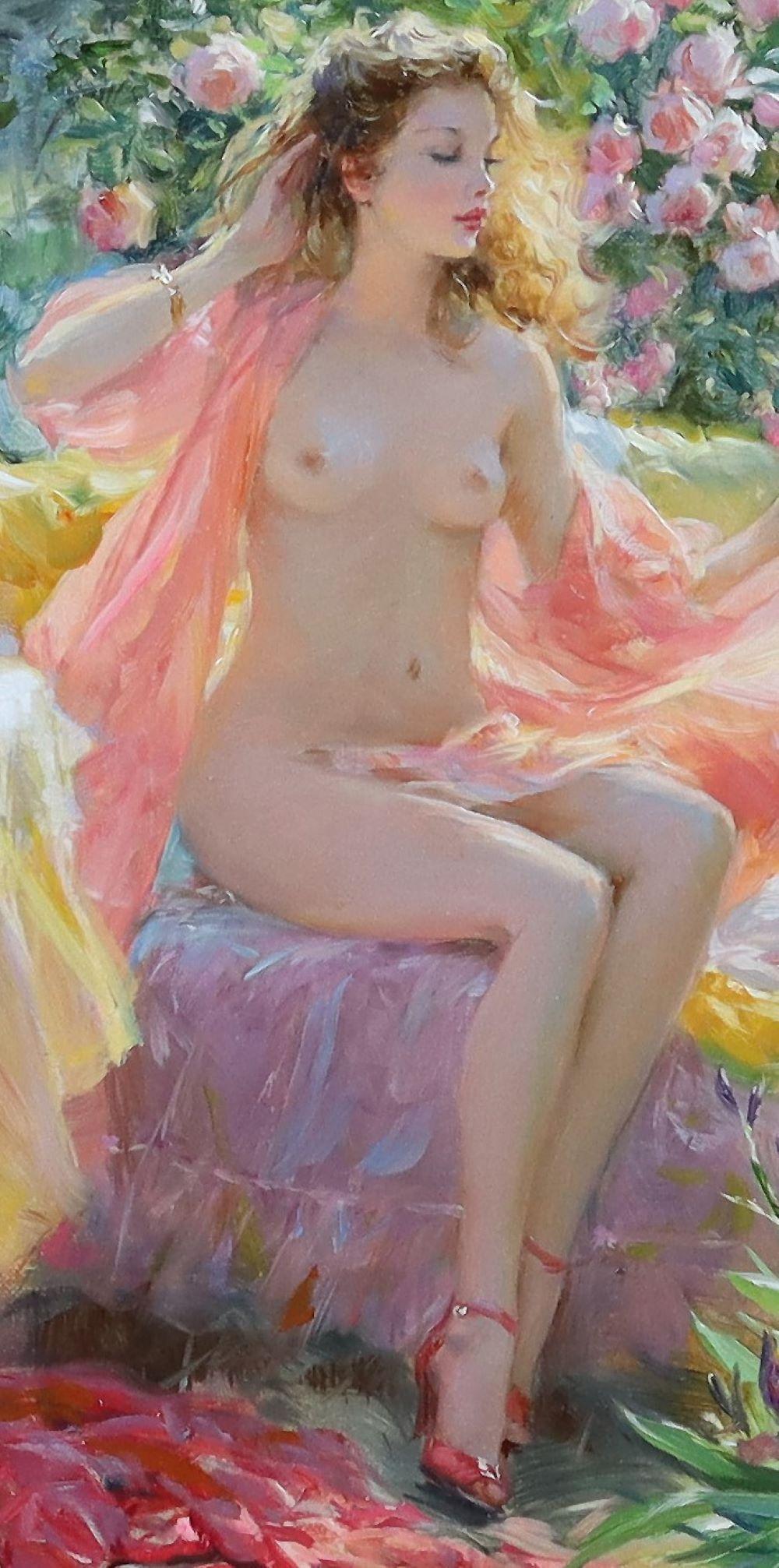 Elegante nackte Dame, sitzend in einem Rosengarten (Impressionismus), Painting, von Konstantin Razumov 