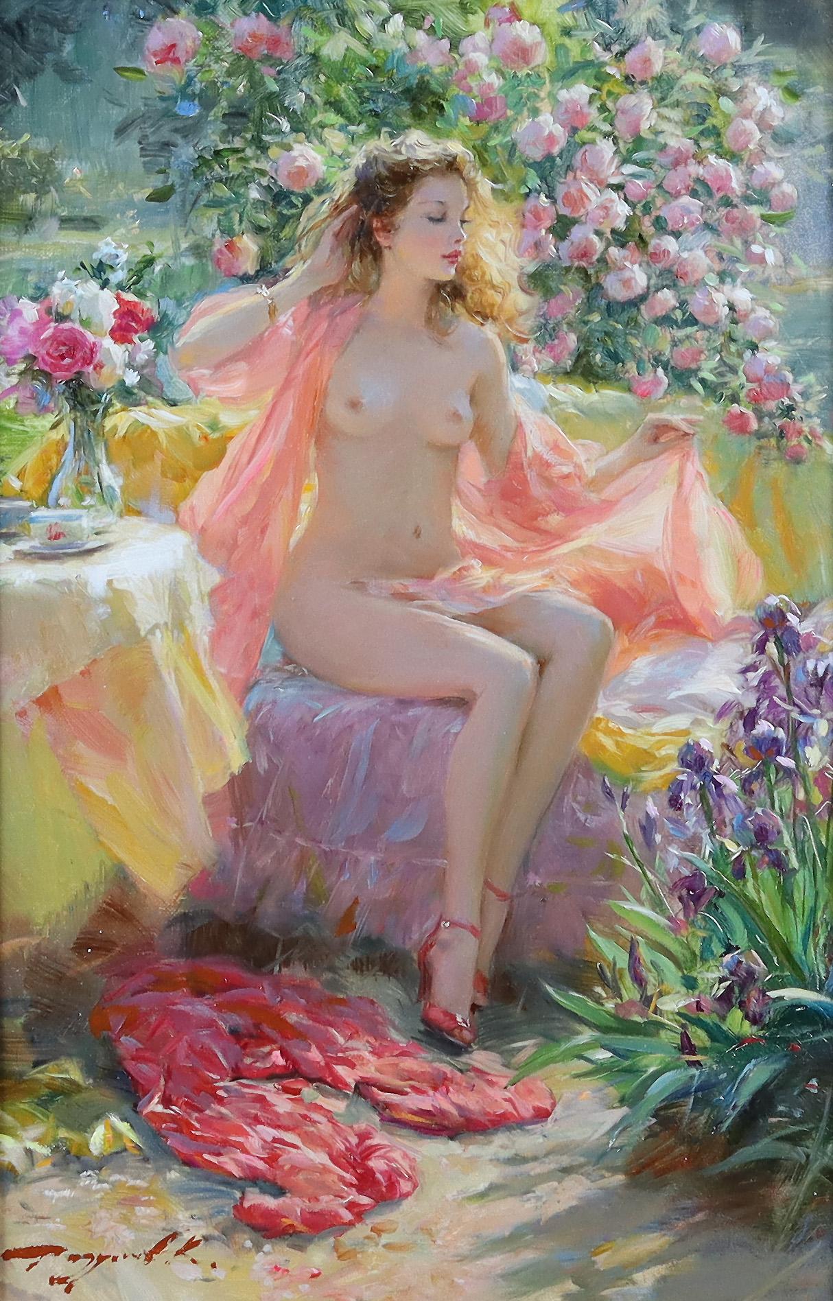 Konstantin Razumov  Nude Painting - Elegant Nude Lady, seated in a Rose Garden