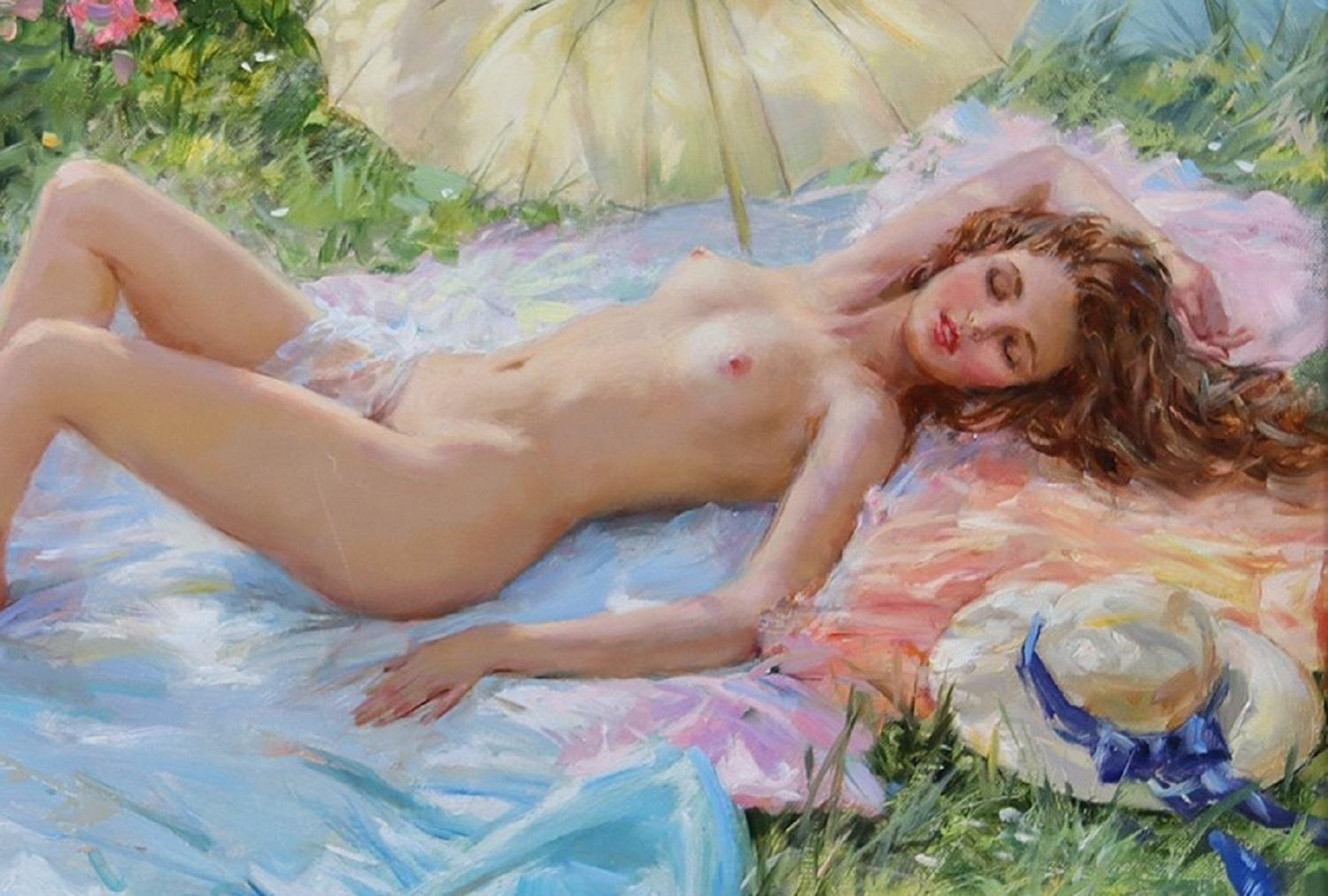 Nudo elegante sdraiato in un roseto - Painting Impressionismo di Konstantin Razumov 