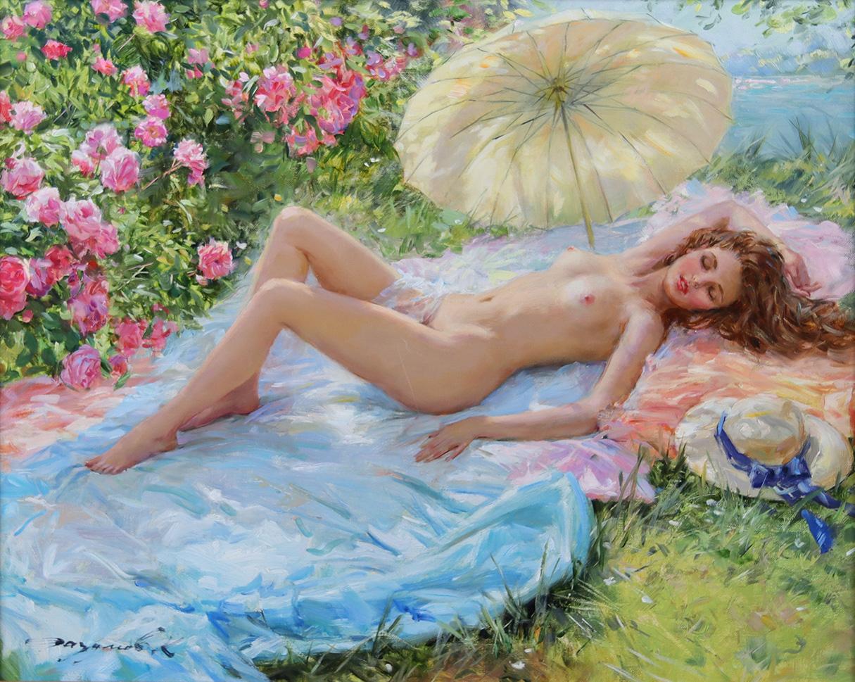 Nude Painting di Konstantin Razumov  - Nudo elegante sdraiato in un roseto