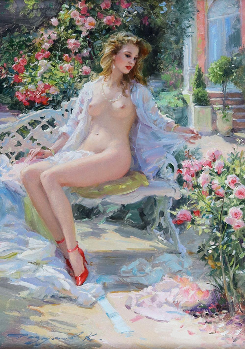 Elegant Nude sat in the Rose Garden - Painting by Konstantin Razumov 