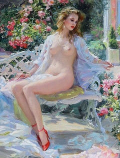 Elegant Nude sat in the Rose Garden