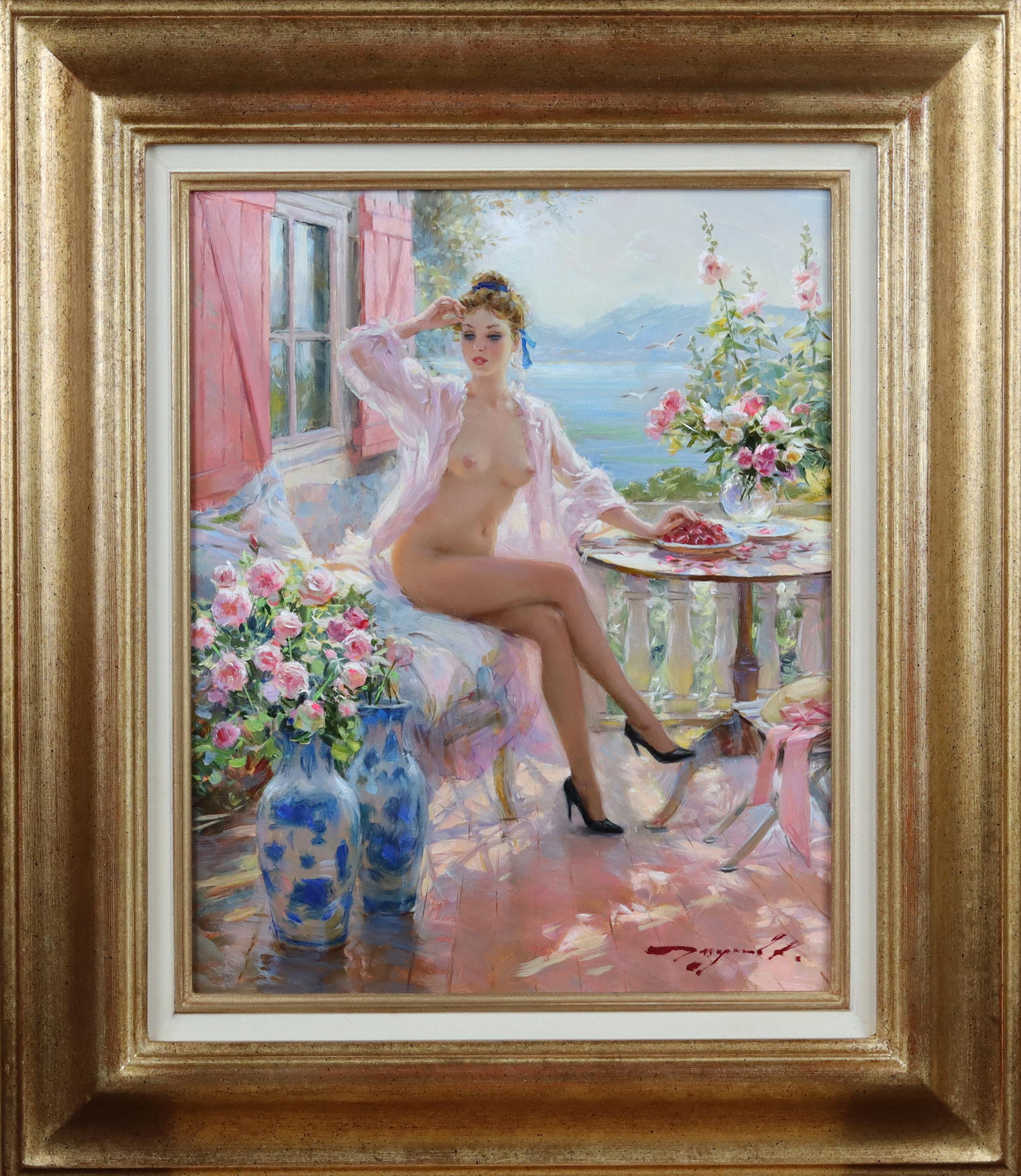 Elegante Desnudo sentado en una Terraza, llevando un Negligee Rosa - Painting de Konstantin Razumov 