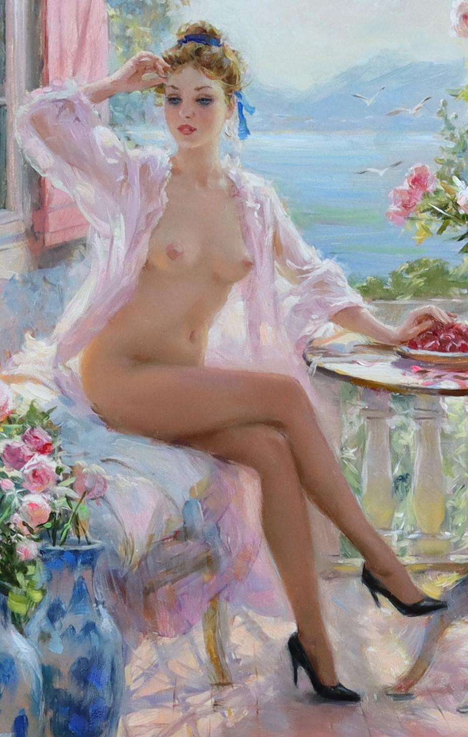 Elegante Desnudo sentado en una Terraza, llevando un Negligee Rosa - Painting Impresionista de Konstantin Razumov 