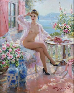 Elegant Nude sitting on a Terrace, wearing a Pink Negligee