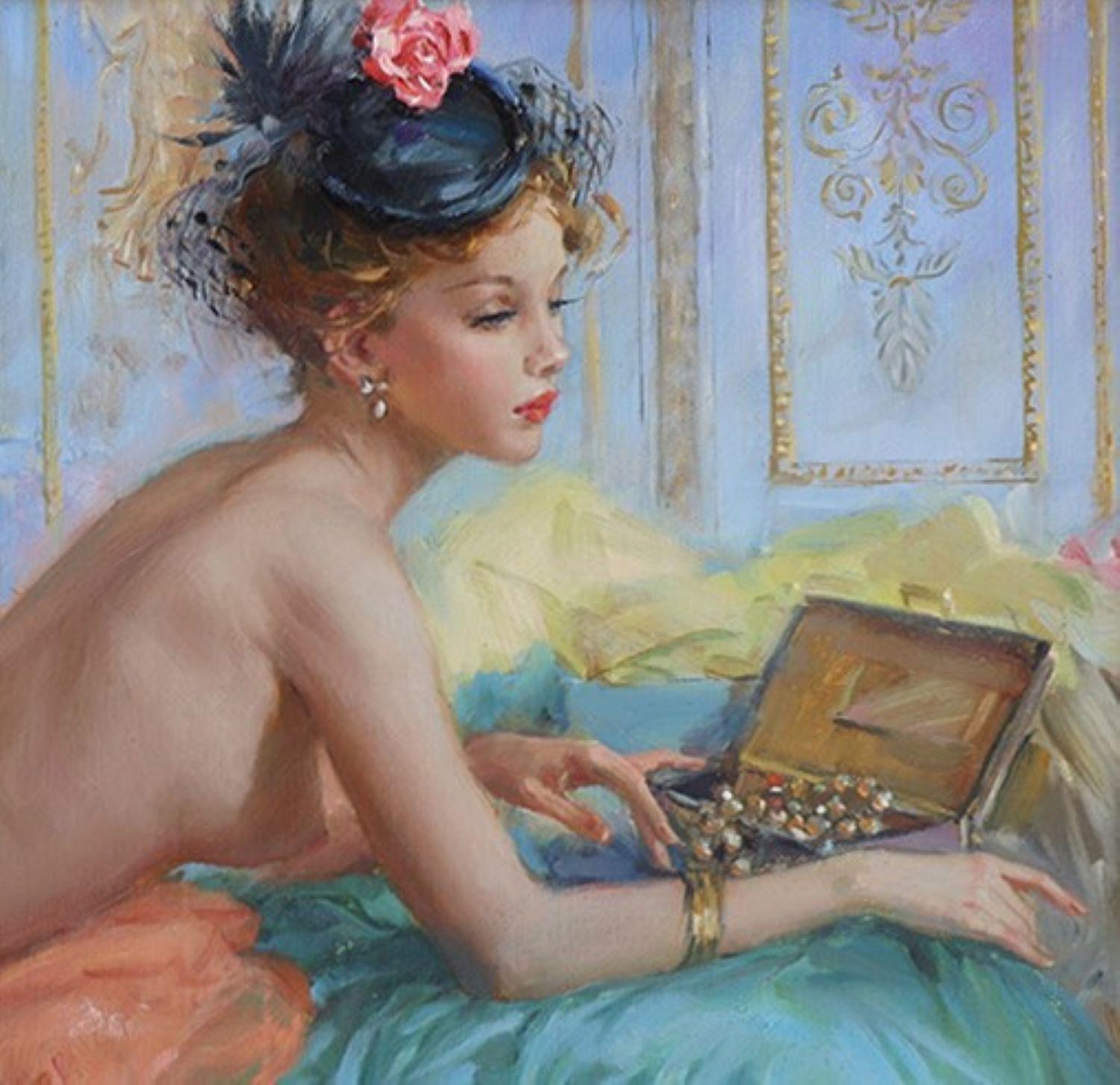 Elegant Nude Lady, lying on a Bed with a Jewellery Box - Impressionist Painting by Konstantin Razumov 