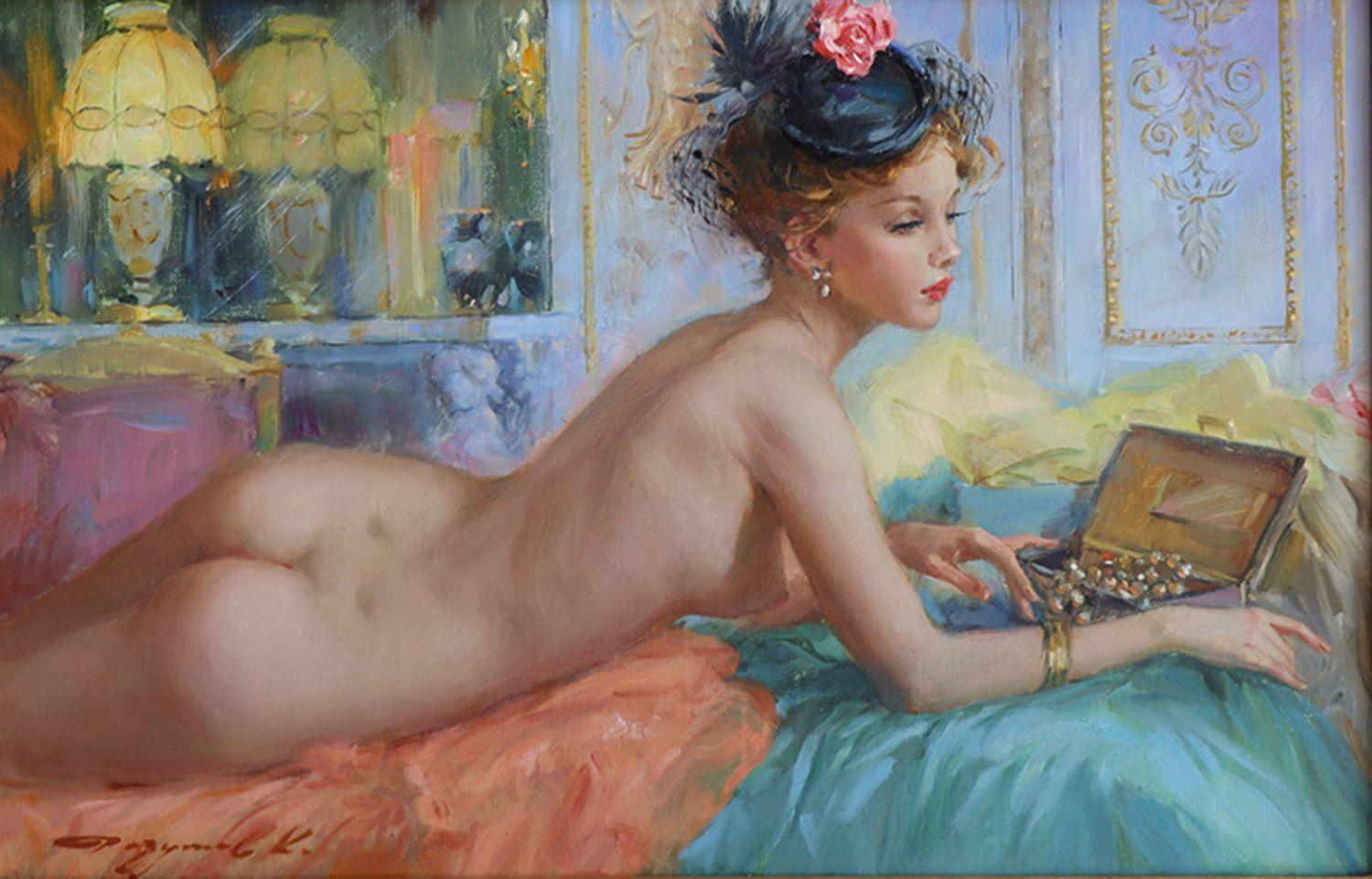 Elegant Nude Lady, lying on a Bed with a Jewellery Box - Painting by Konstantin Razumov 